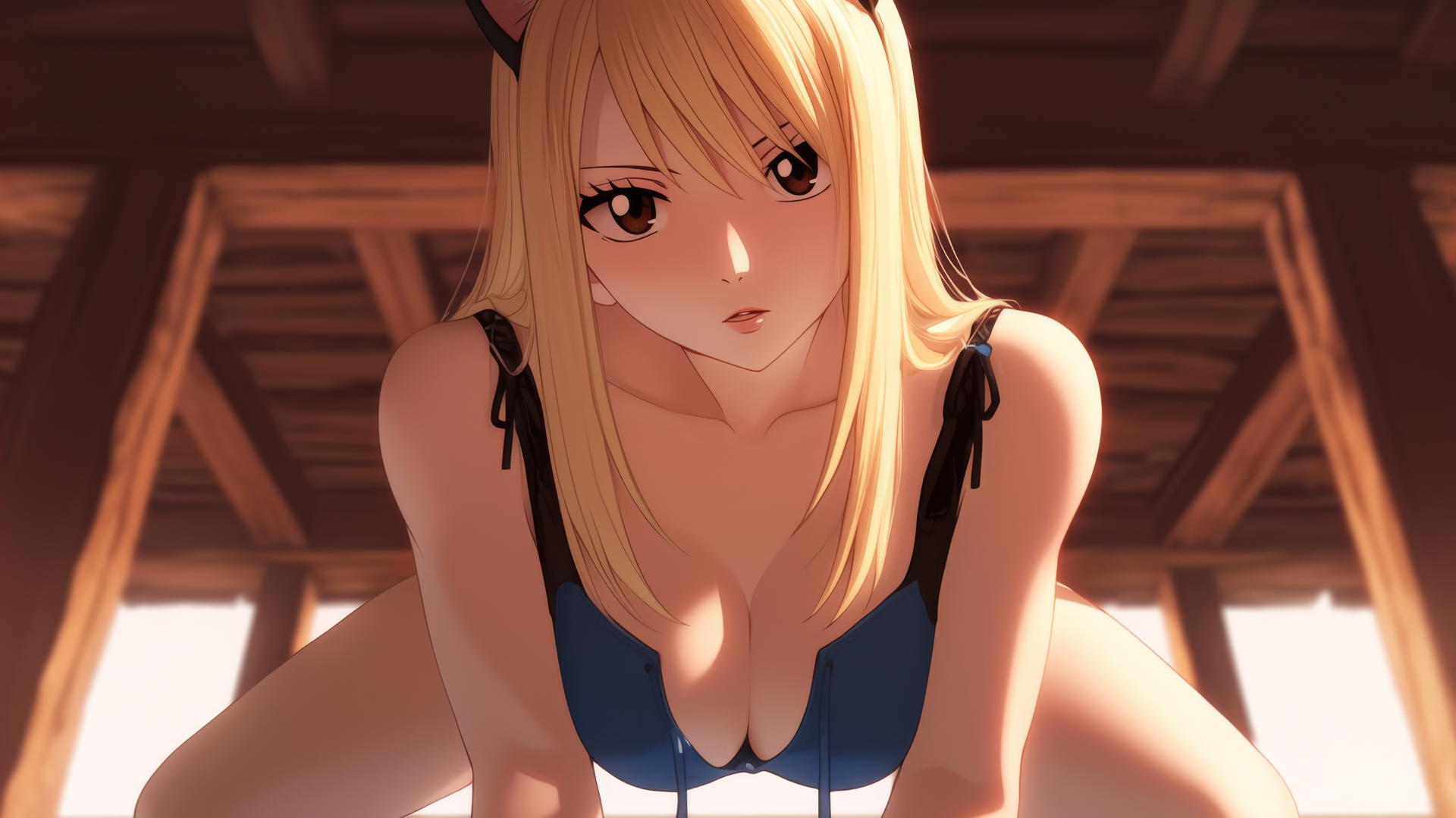 Pink cat girl Lucy Heartfilia from Fairy Tail kneeling, looking down, warm light.