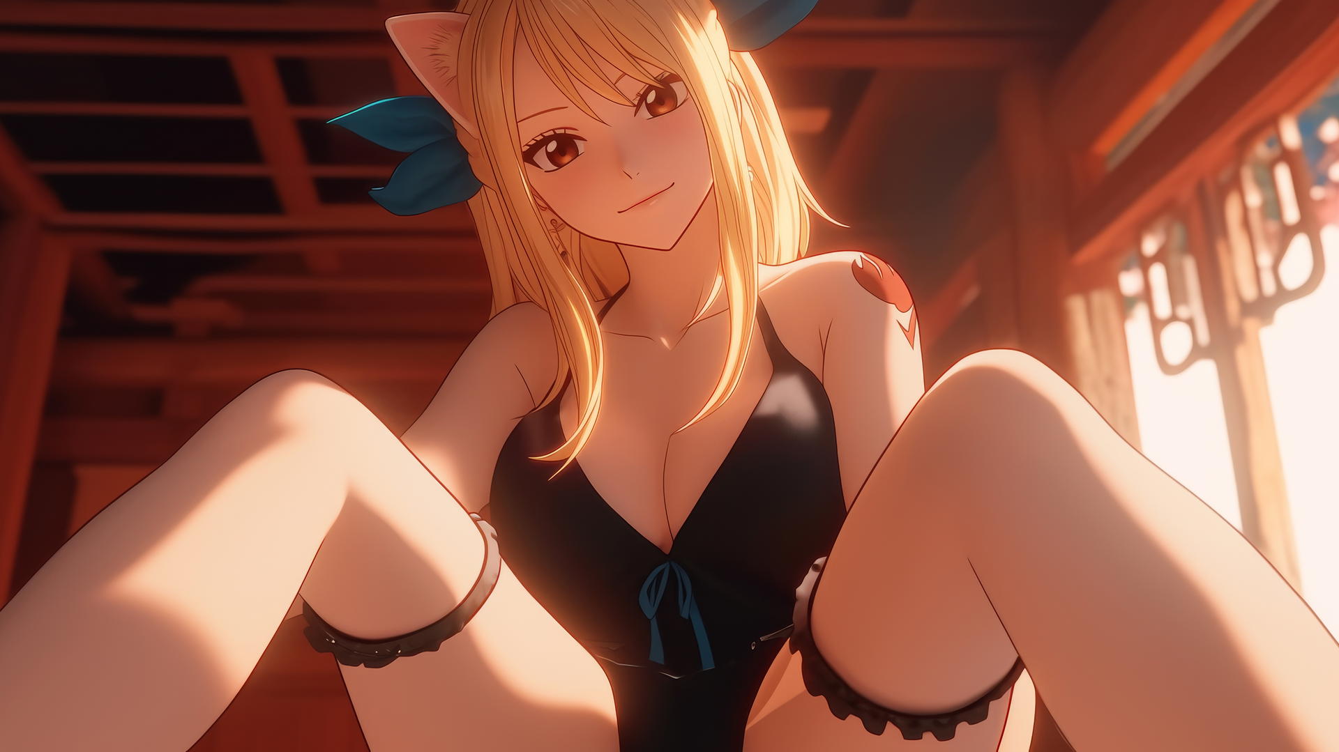 Blonde cat-girl Lucy Heartfilia kneeling, leaning forward with a soft glow and ceiling in background.
