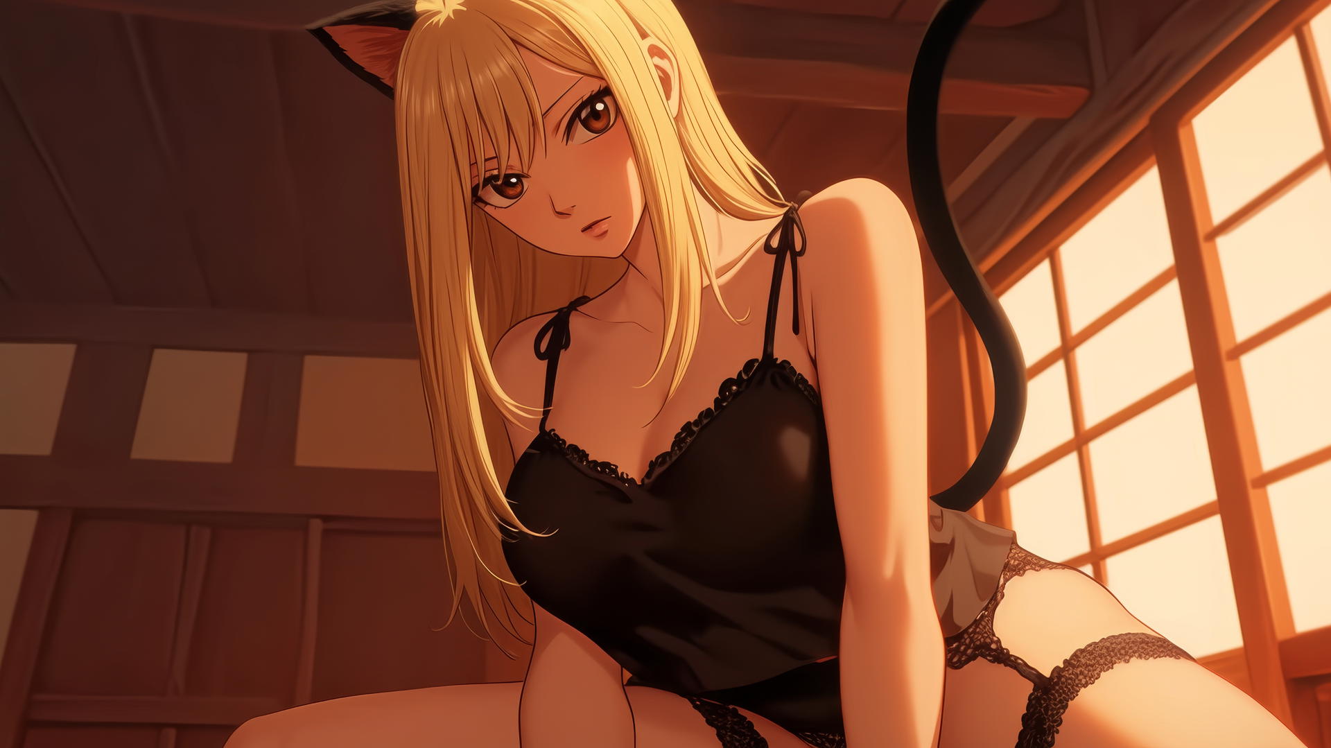 All black cat girl kneeling, leaning forward, blonde hair, brown eyes, warm light, ceiling background.