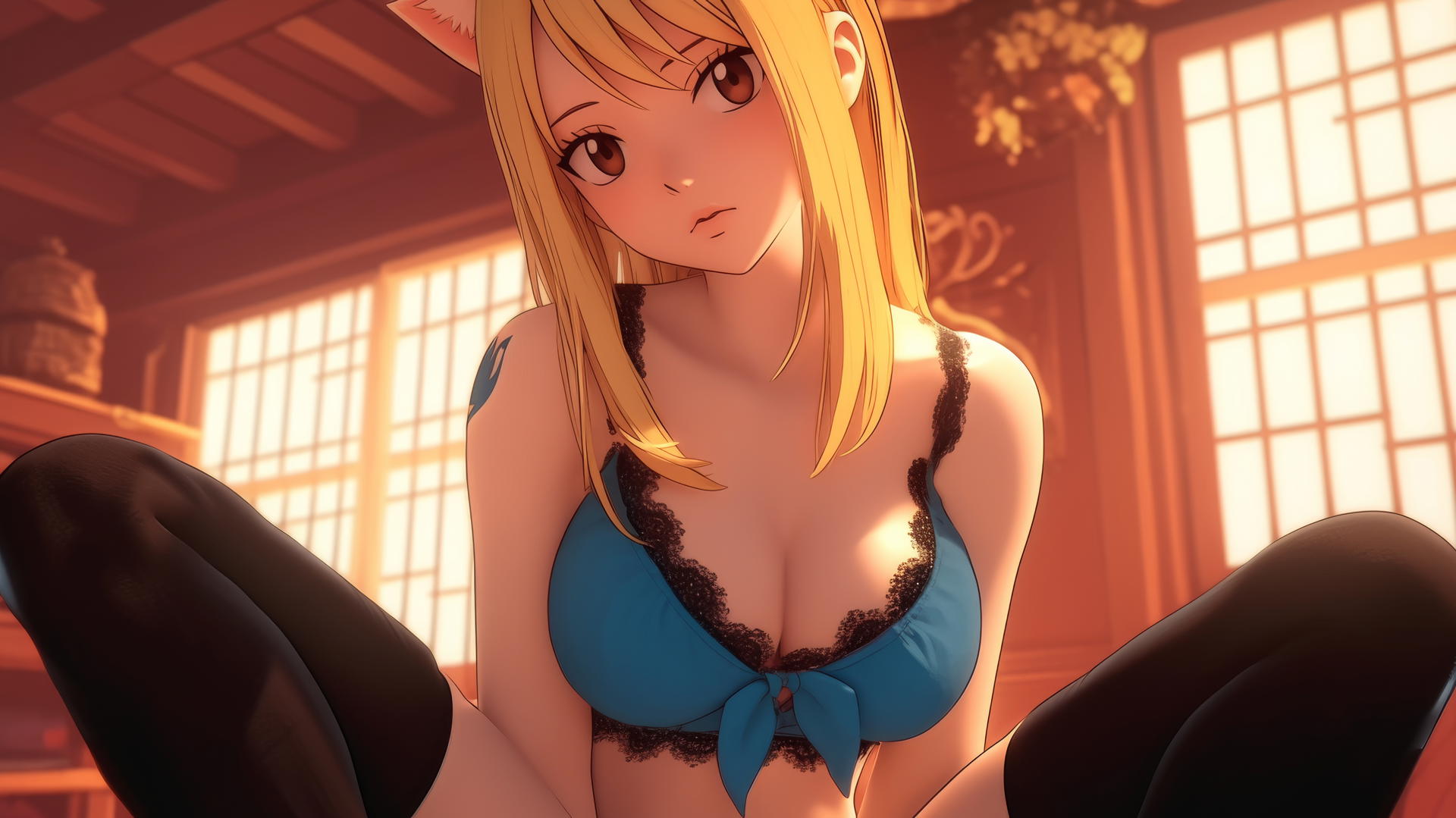 Cat girl Lucy Heartfilia with brown eyes and blonde hair, kneeling and leaning down, ceiling background