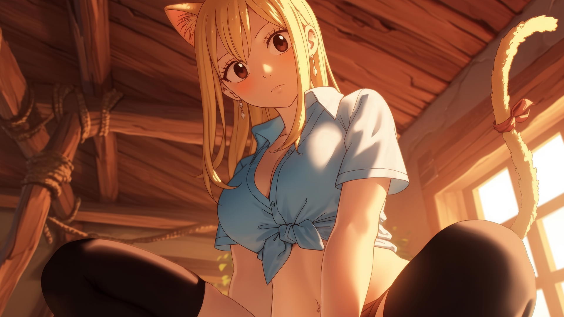 Cat girl with blonde hair and brown eyes, kneeling and leaning in an office shirt, warm light glow