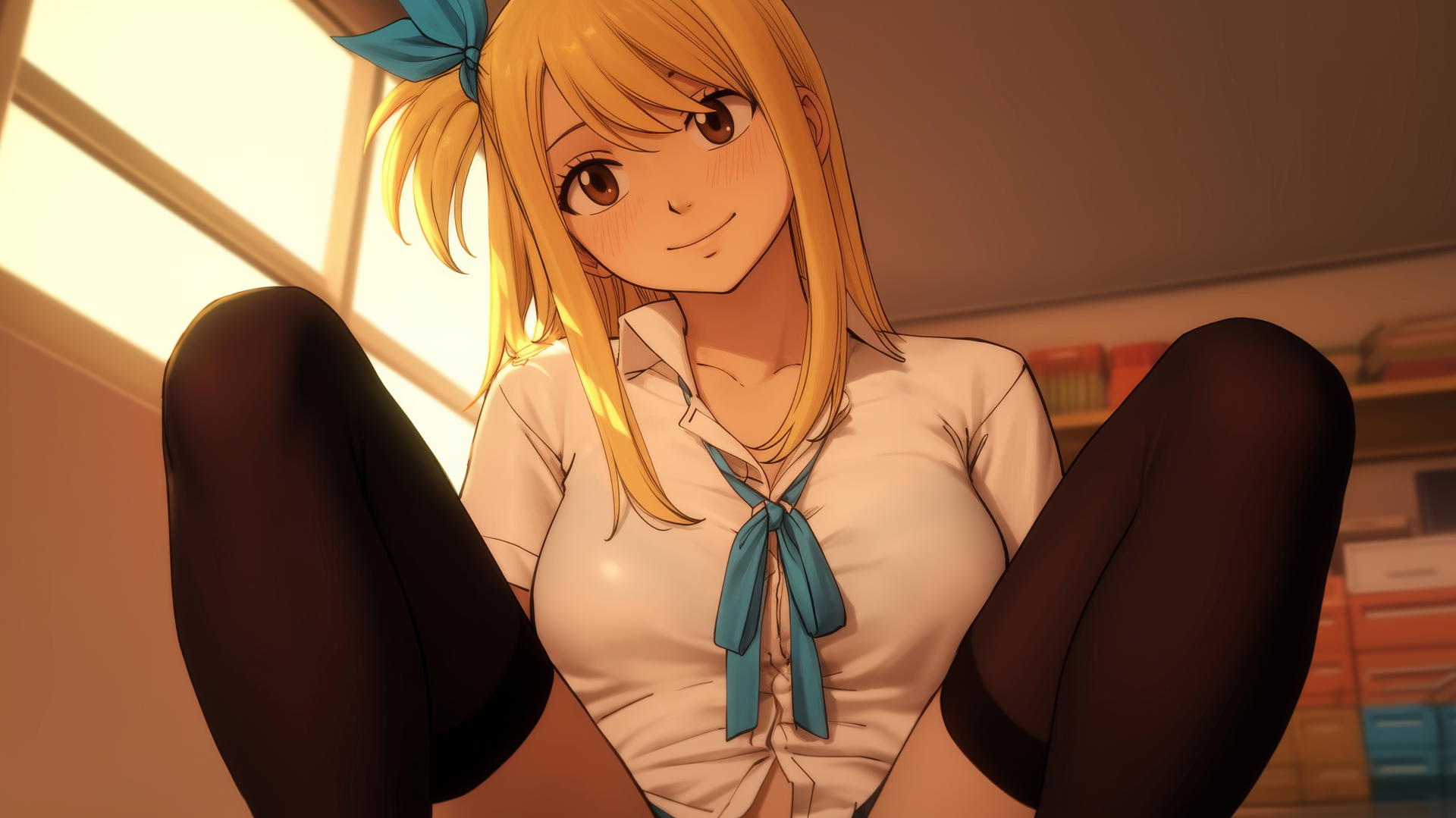 Lucy Heartfilia from Fairy Tail, dressed as a nurse, kneeling and leaning forward with a soft warm light.