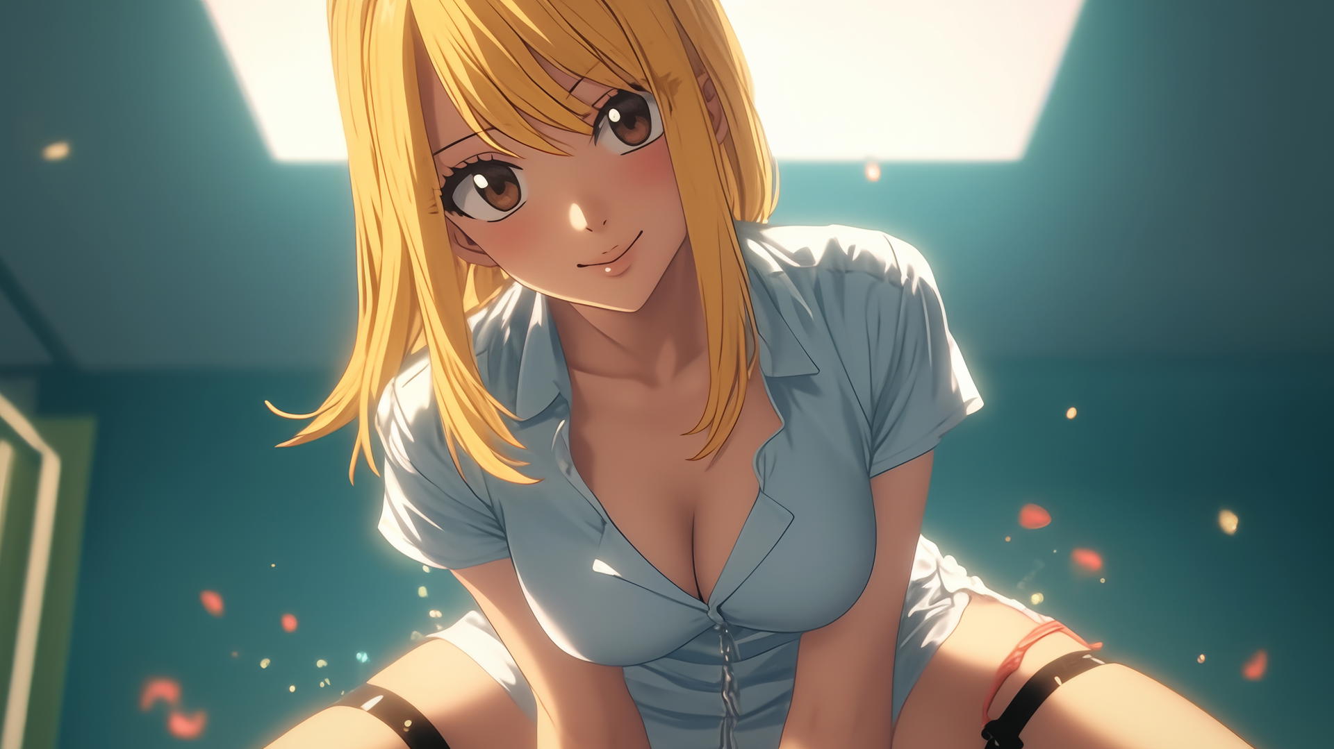 Lucy Heartfilia as a nurse in warm light, looking down