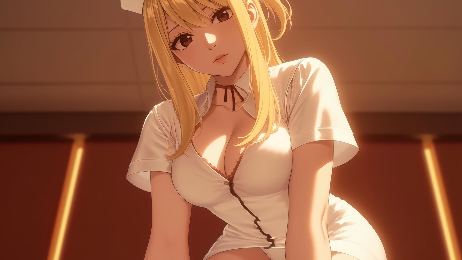 Lucy Heartfilia, a nurse with blonde hair and brown eyes, leans toward in a hospital, warm light glow.