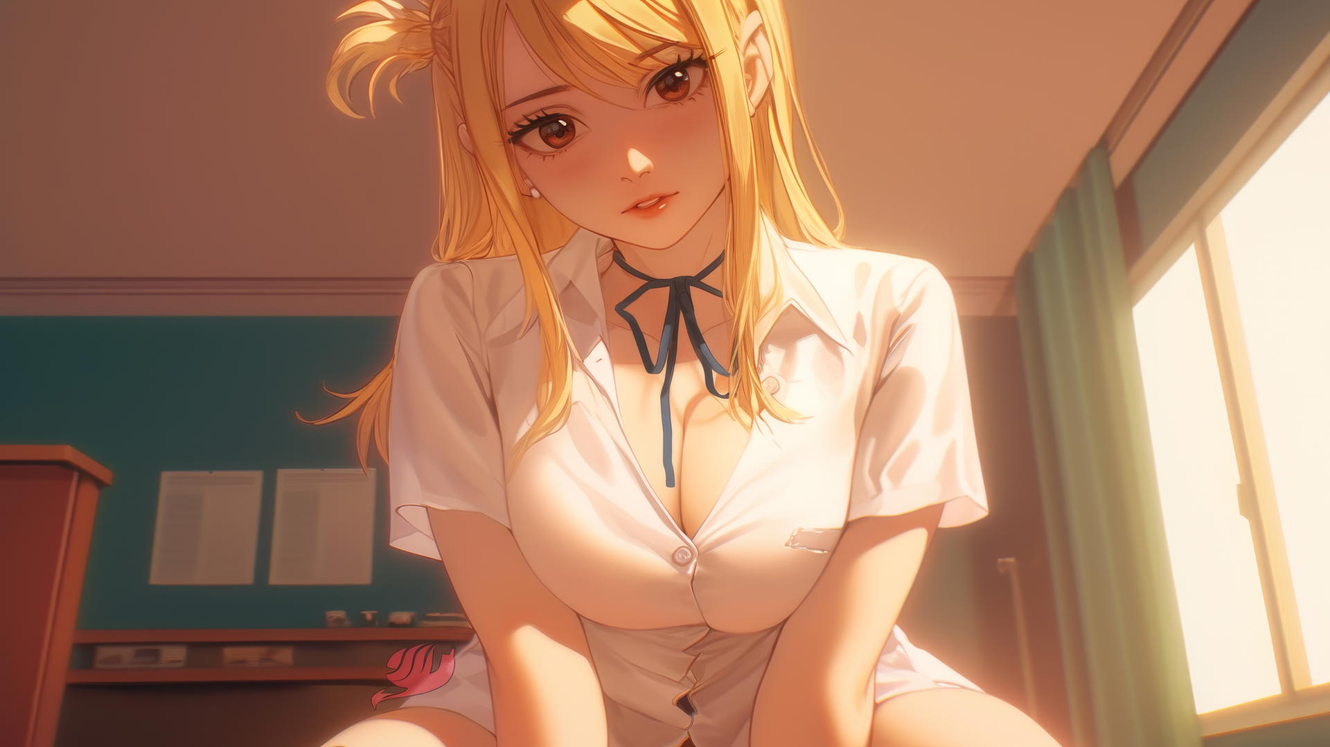 Lucy Heartfilia as a nurse kneeling, seen from below, warm light, ceiling background.