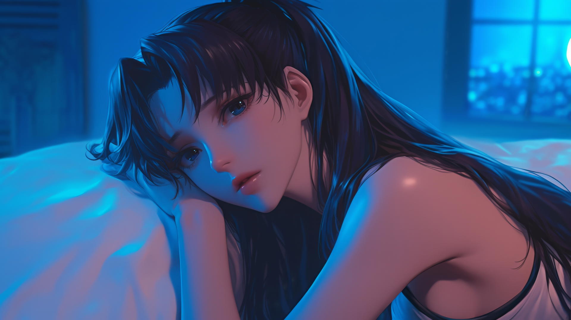 Misato Katsuragi from Neon Genesis Evangelion resting in a modern hotel room, moonlight glow.