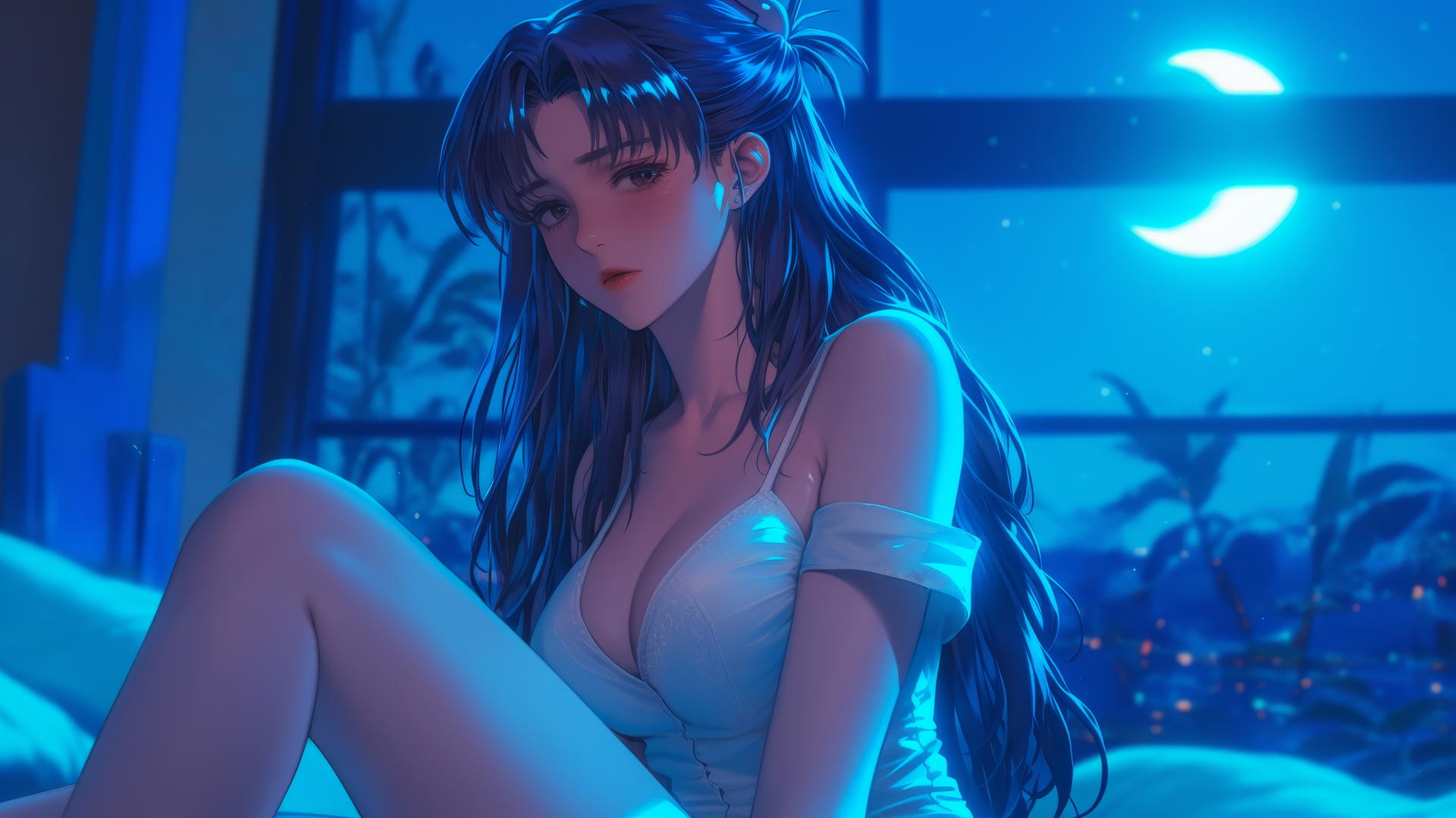 Misato Katsuragi from Neon Genesis Evangelion rests in a moonlit modern hotel room