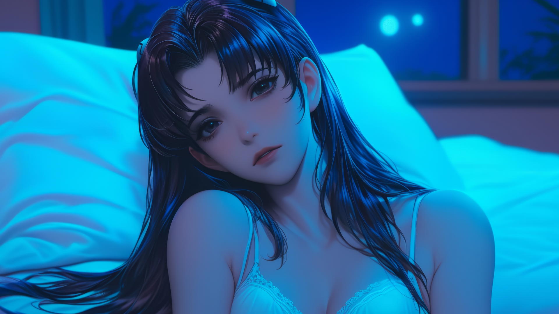 Misato Katsuragi rests in a modern hotel room, moonlight casting a soft glow.