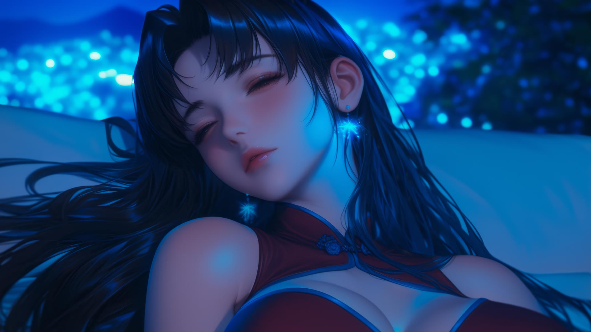 Misato Katsuragi from Neon Genesis Evangelion with long dark violet hair and dark brown eyes, resting in a modern hotel room with moonlight glow.