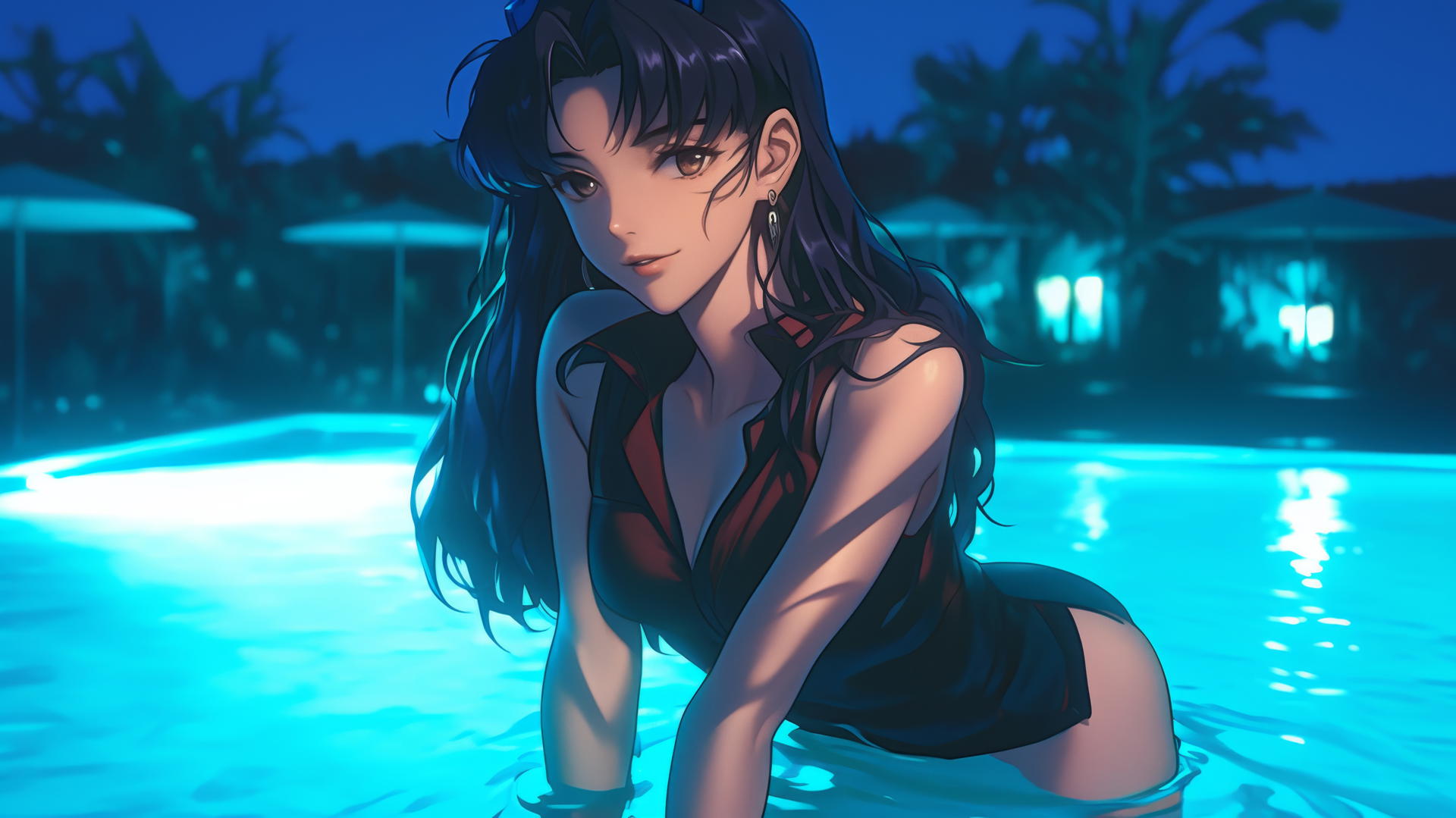 Misato Katsuragi with long dark violet hair, resting at swimming pool under moonlight.