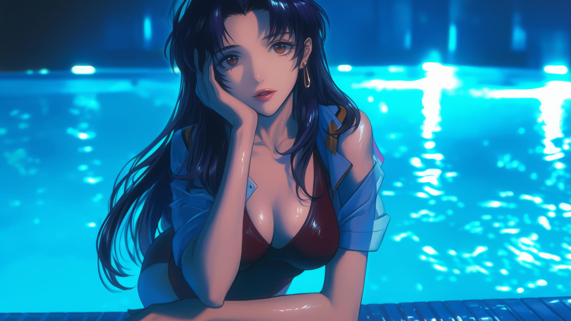 Misato Katsuragi with long dark violet hair and dark brown eyes, resting by a moonlit pool.