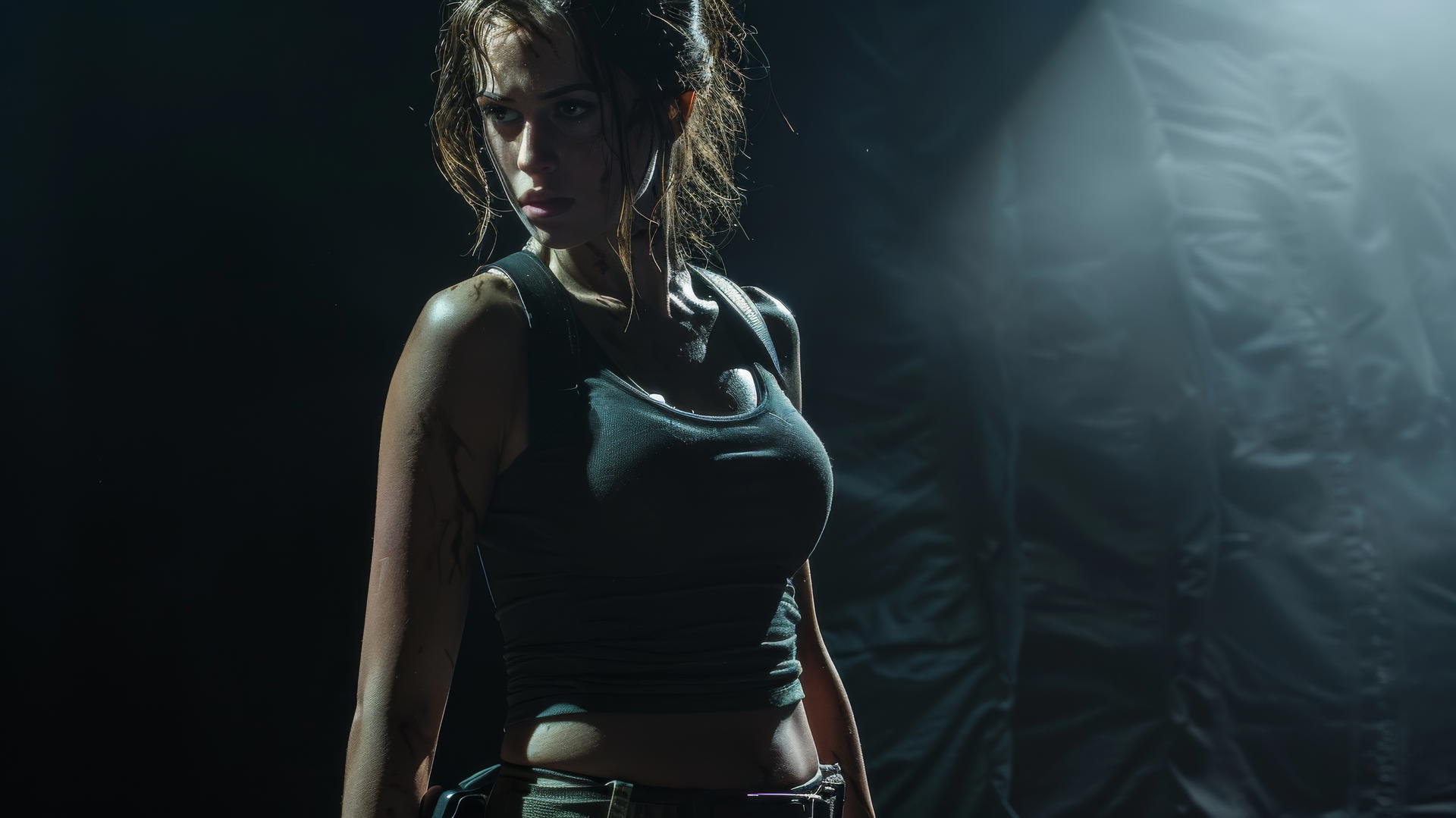 Lara Croft in spotlight on dark background