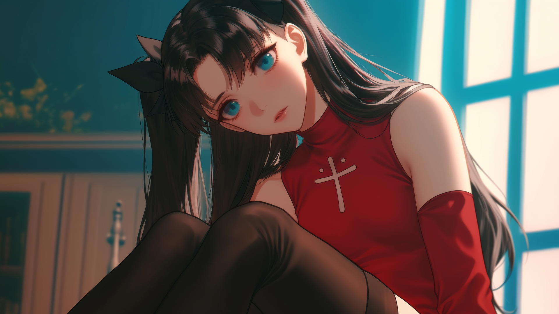 Rin Tohsaka in all black, kneeling and leaning, warm light, ceiling background