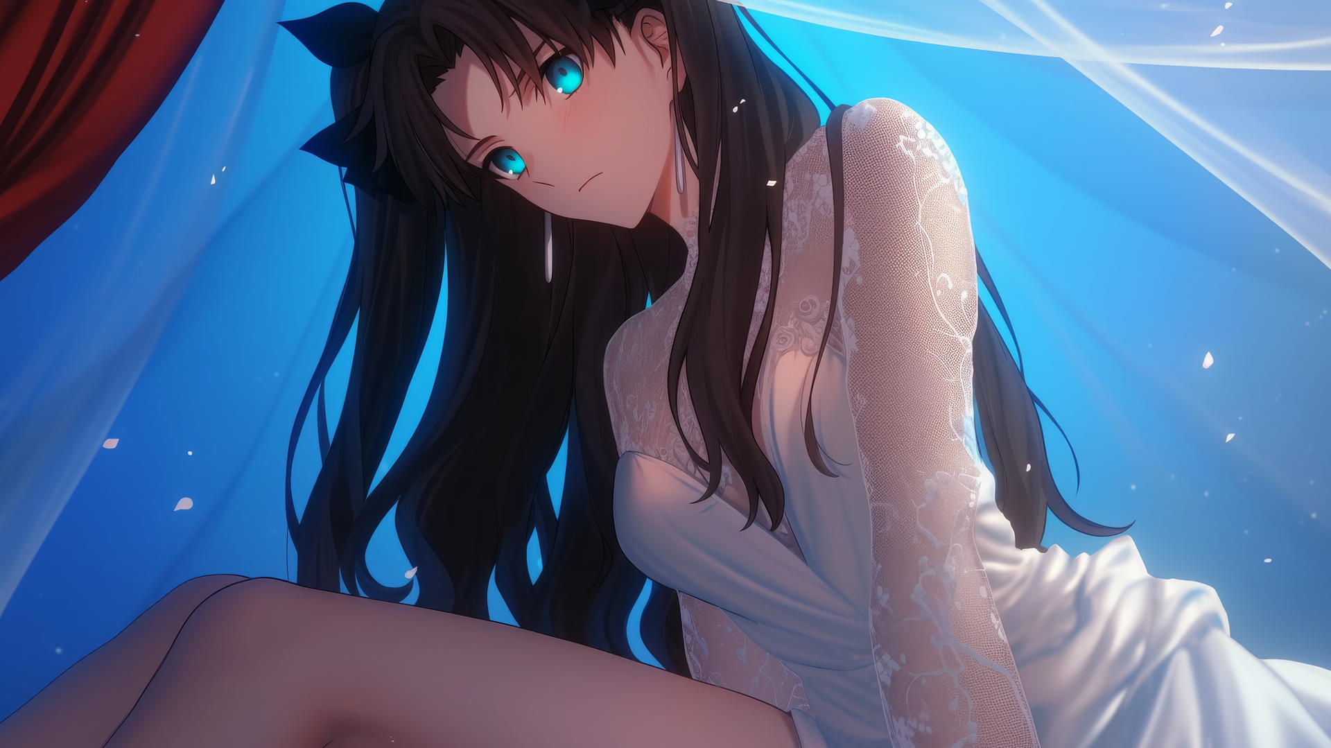 Rin Tohsaka kneeling in wedding dress, warm light, looking down, ceiling background