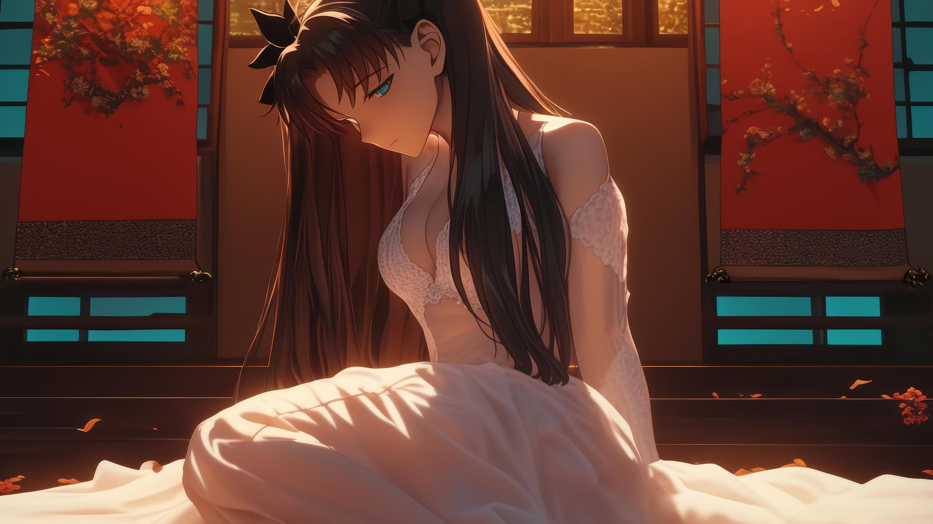 Rin Tohsaka in a wedding dress, kneeling with a warm glow, seen from below