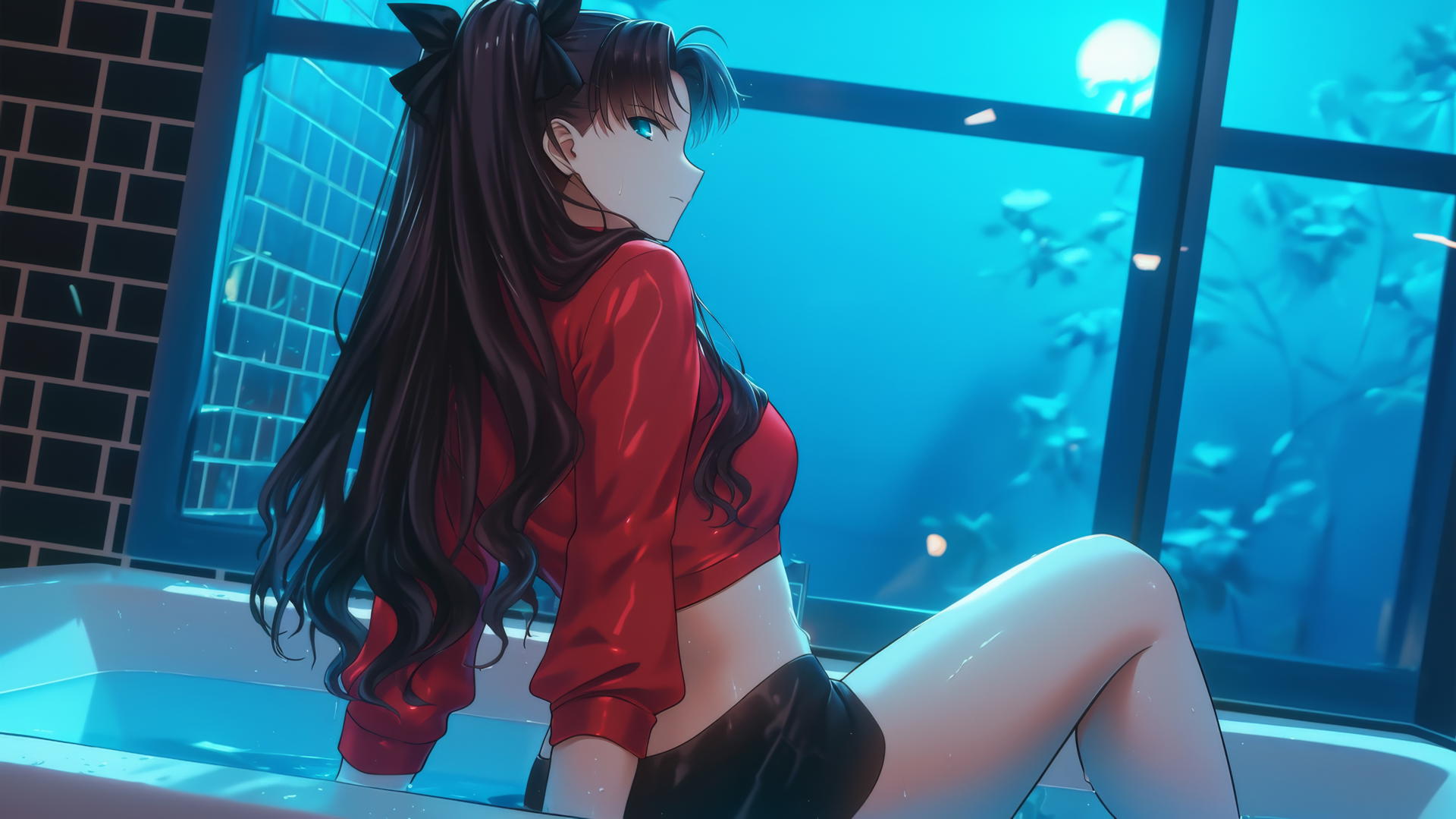 Rin Tohsaka at a modern hotel room tub under moonlight, back and legs visible