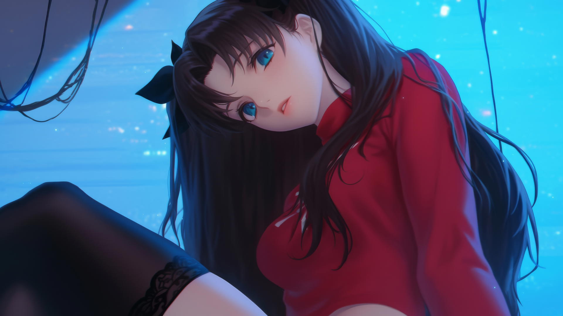 Rin Tohsaka kneeling and leaning with warm light and ceiling background