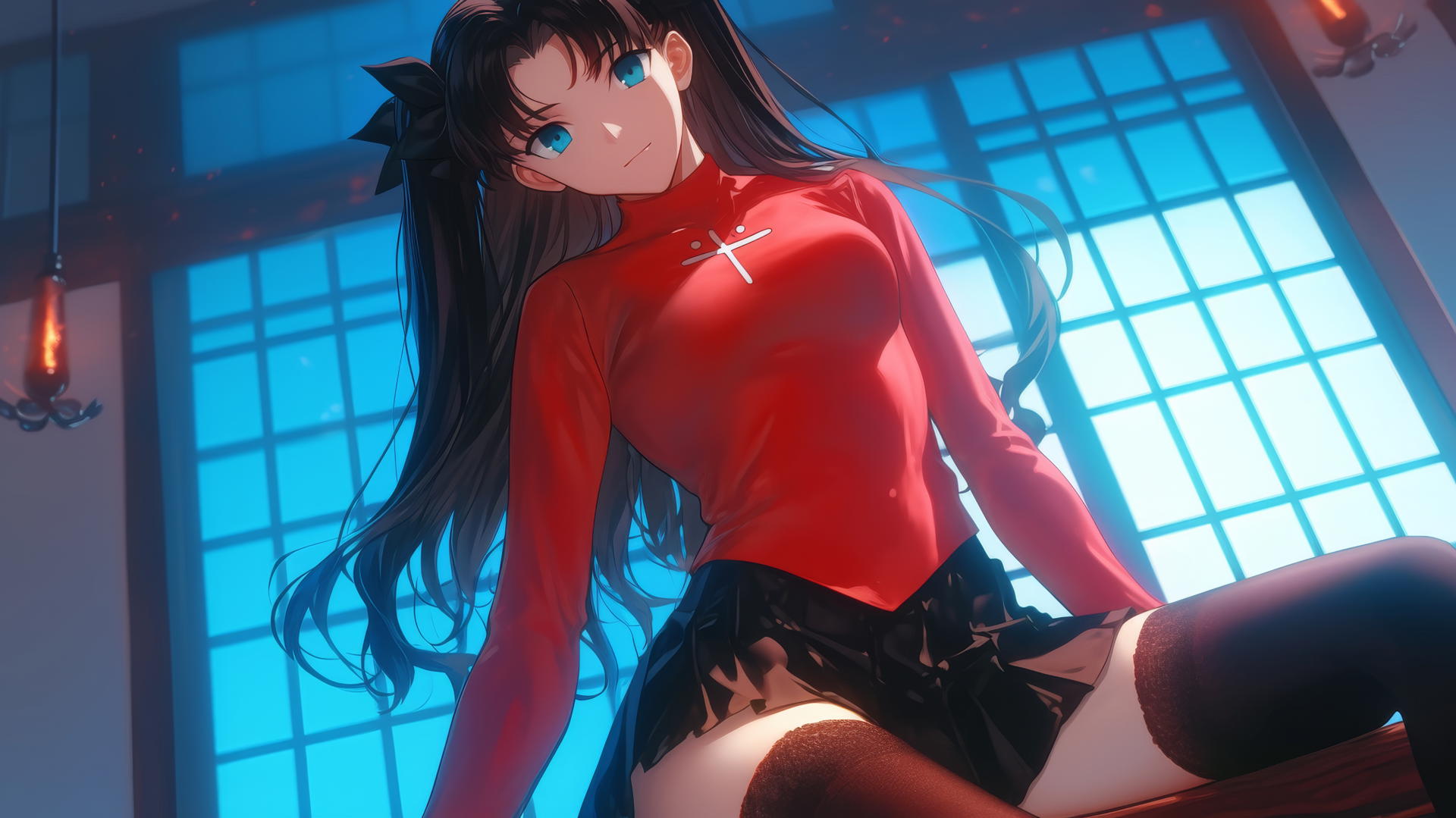 Rin Tohsaka from Fate stay night kneeling, looking down, with ceiling background, warm light glow.