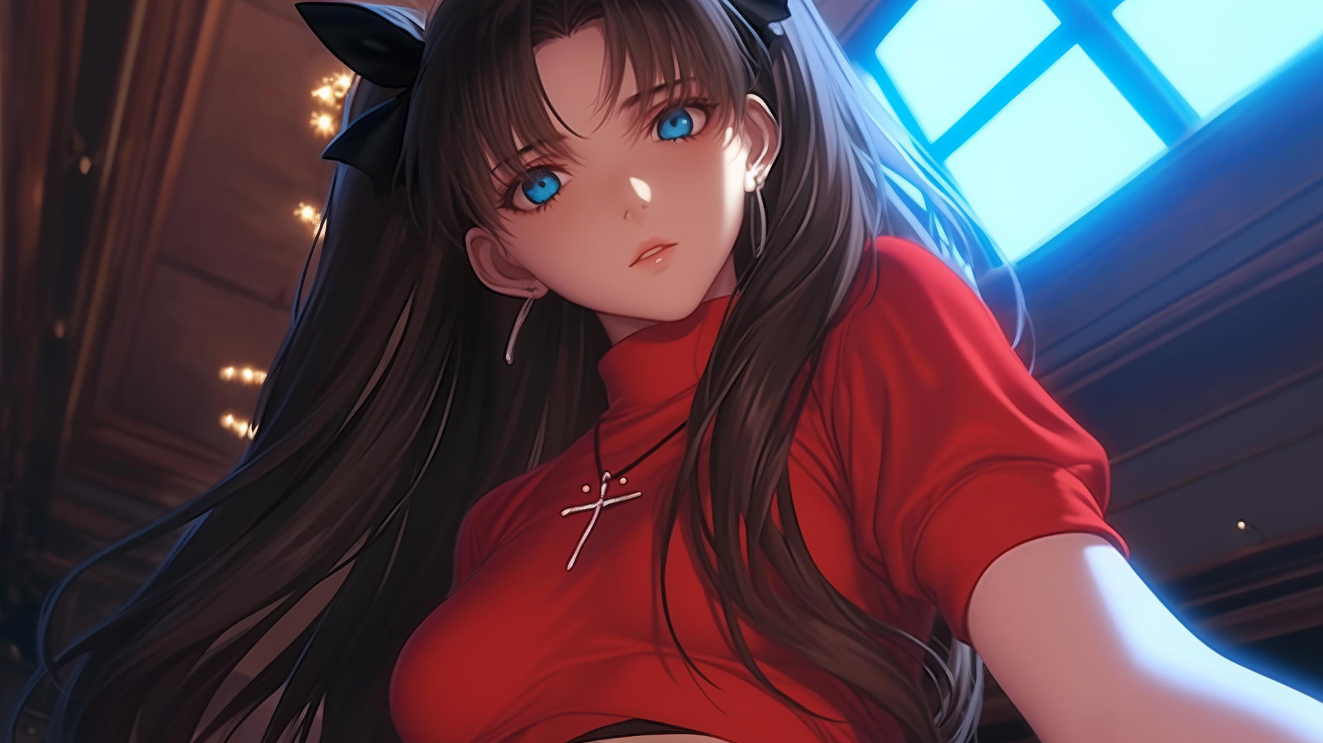 Rin Tohsaka leaning and kneeling, seen from below, with warm light and ceiling in the background