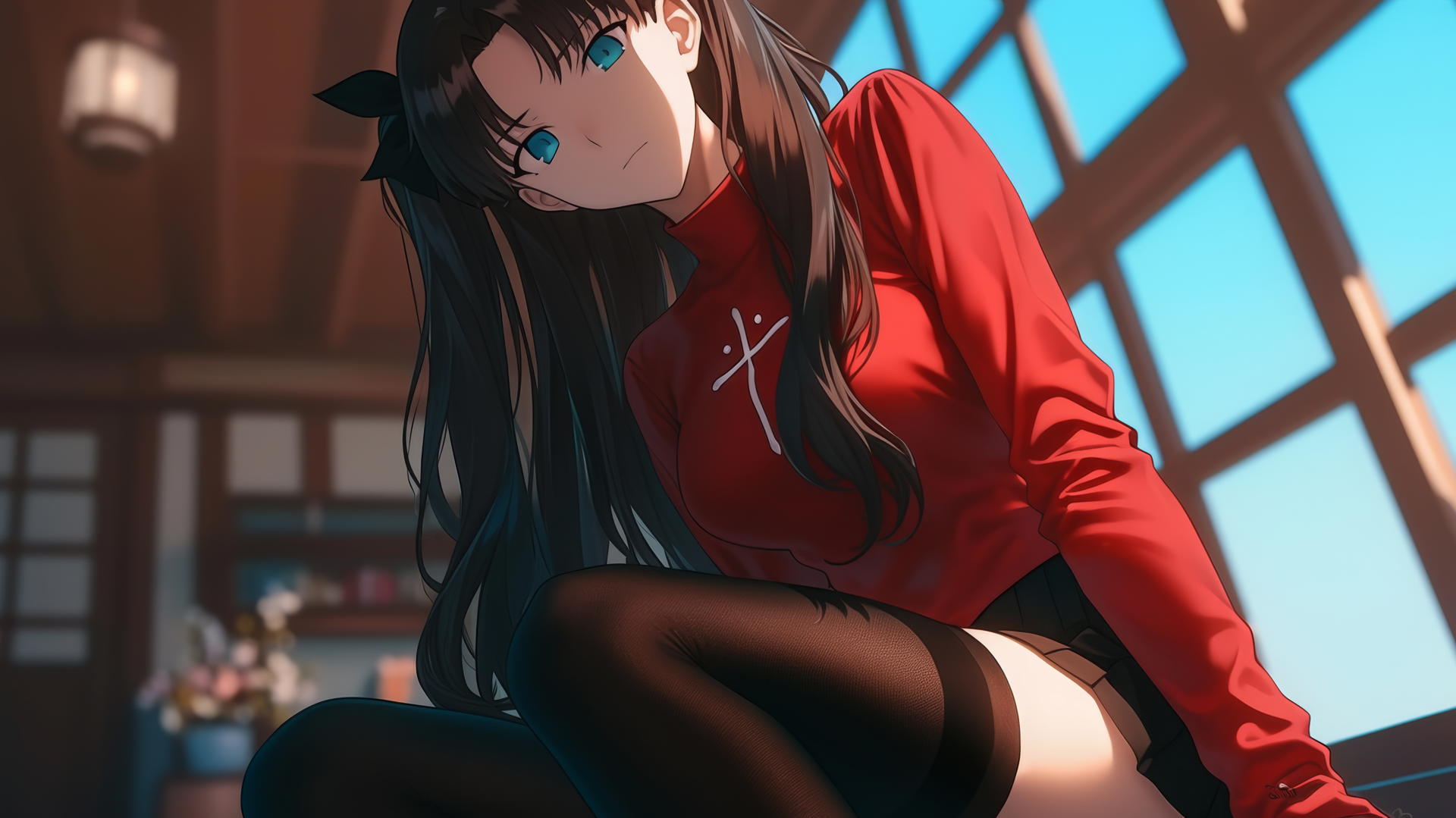 Rin Tohsaka kneeling and leaning forward, warm light glowing, ceiling background