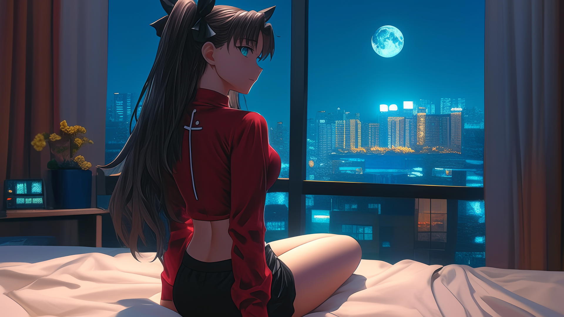 Rin Tohsaka from Fate/stay night resting at a modern hotel room with moonlight glow