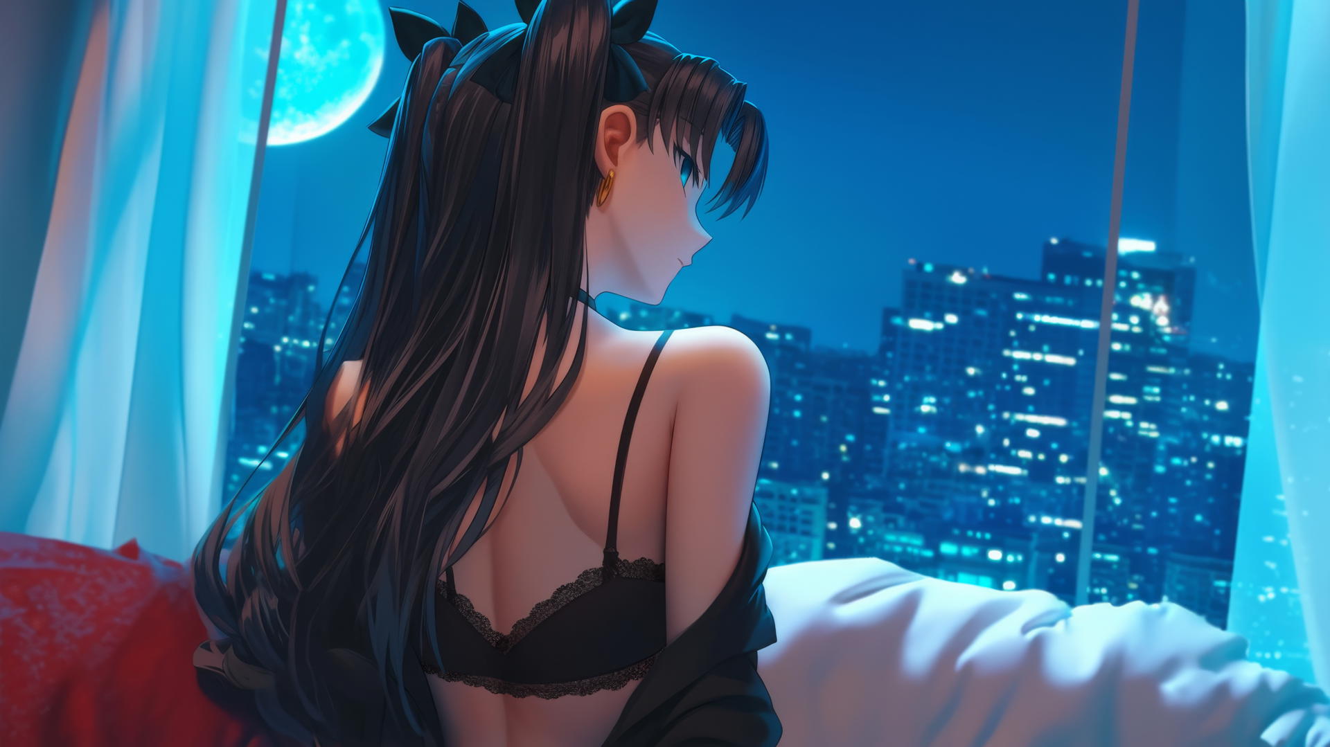Rin Tohsaka resting in a modern hotel room, moonlight illuminating her back.