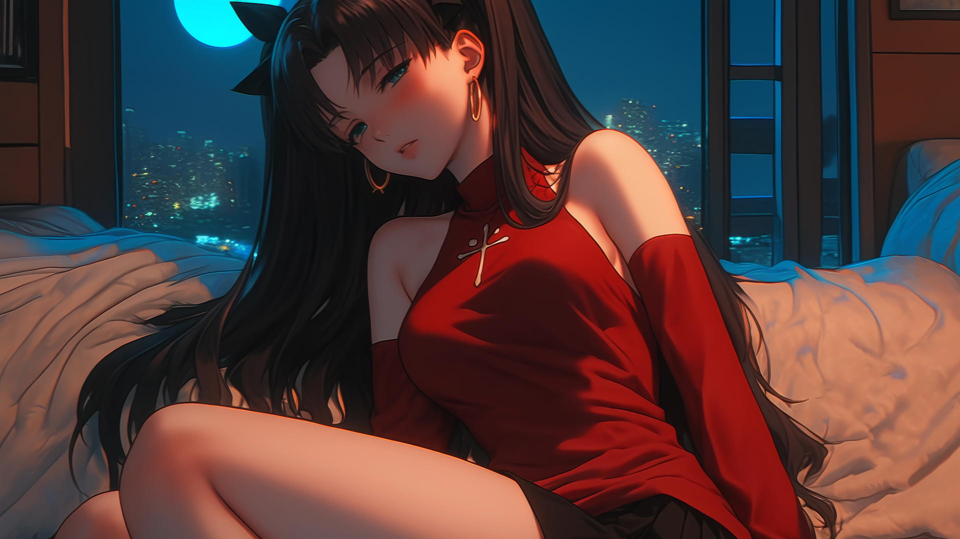 Rin Tohsaka from Fate/stay night, resting in a modern hotel room illuminated by moonlight