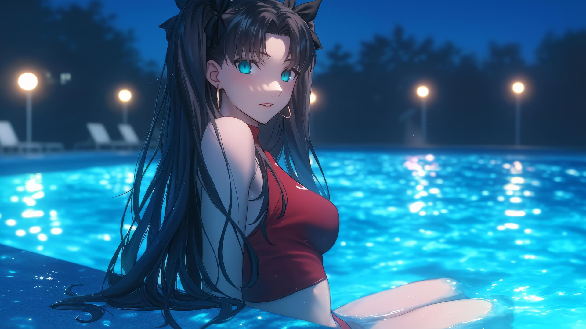 Rin Tohsaka from Fate/stay night resting in a swimming pool under moonlight.