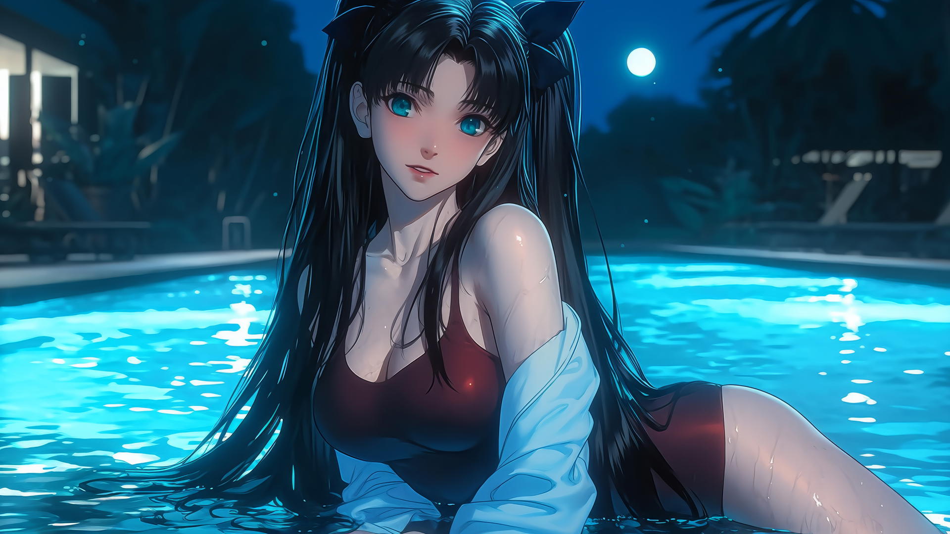 Rin Tohsaka with aqua eyes and black hair, resting in a pool under moonlight