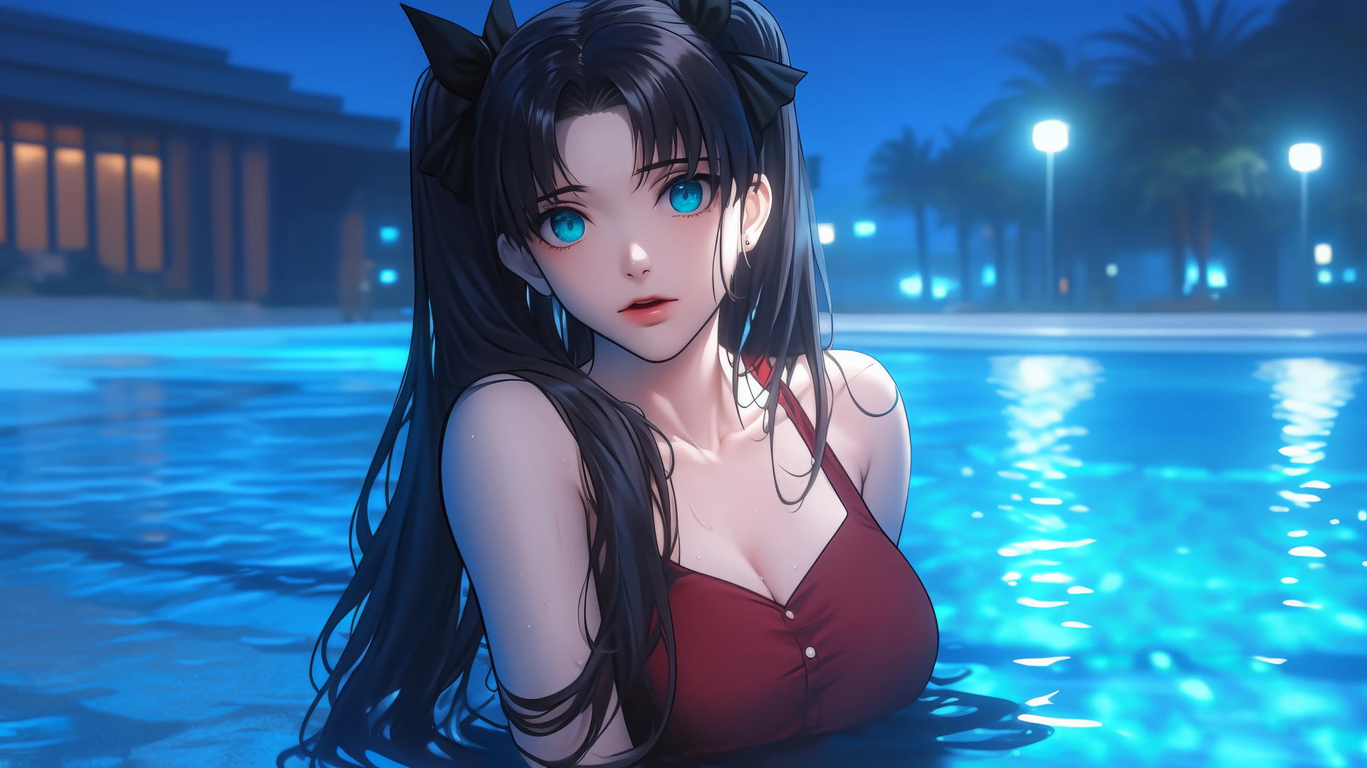 Rin Tohsaka with aqua eyes resting in a swimming pool under moonlight
