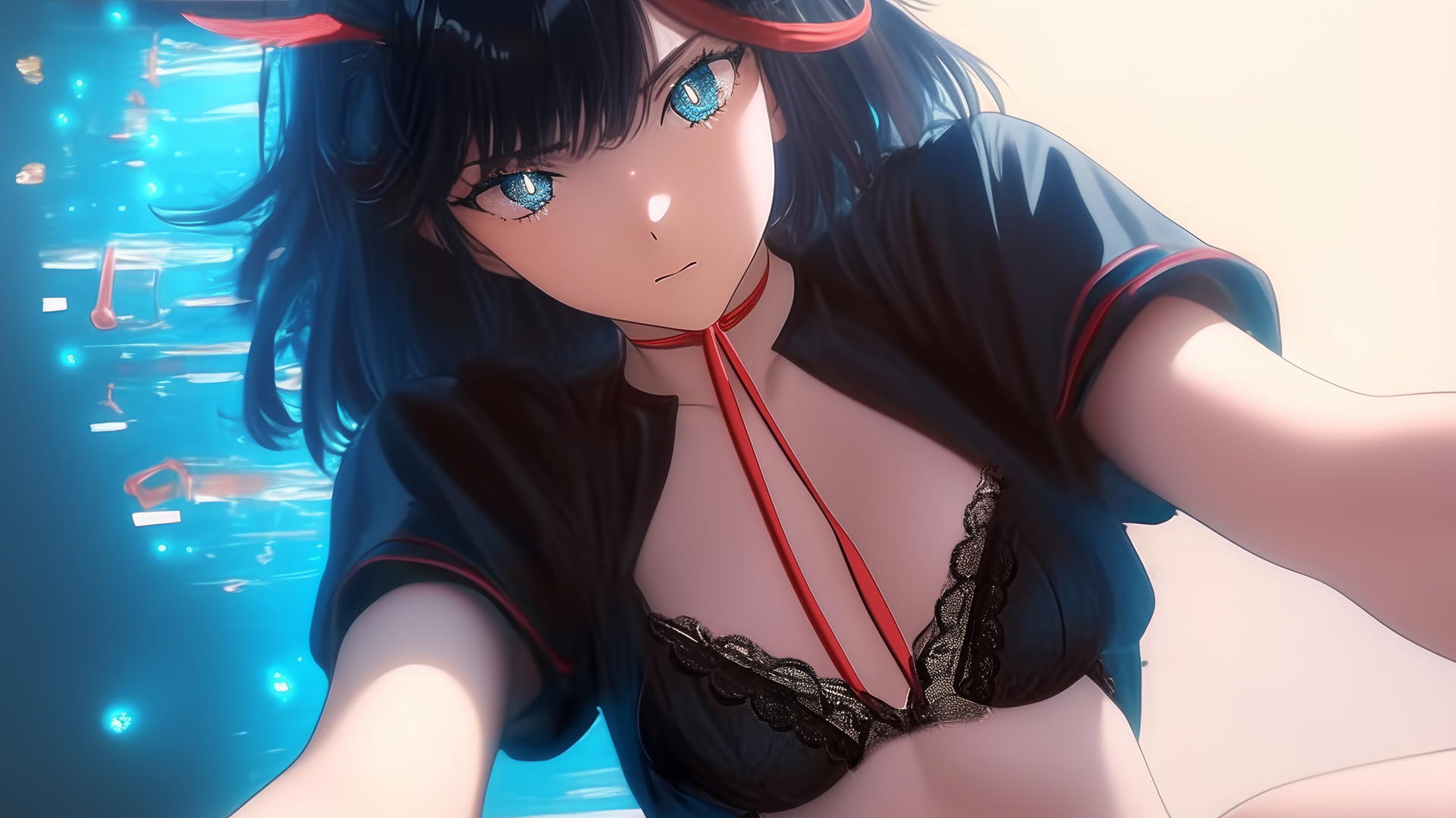 Ryuko Matoi kneeling and leaning with red streak on black hair, blue gear-shaped pupils, warm light