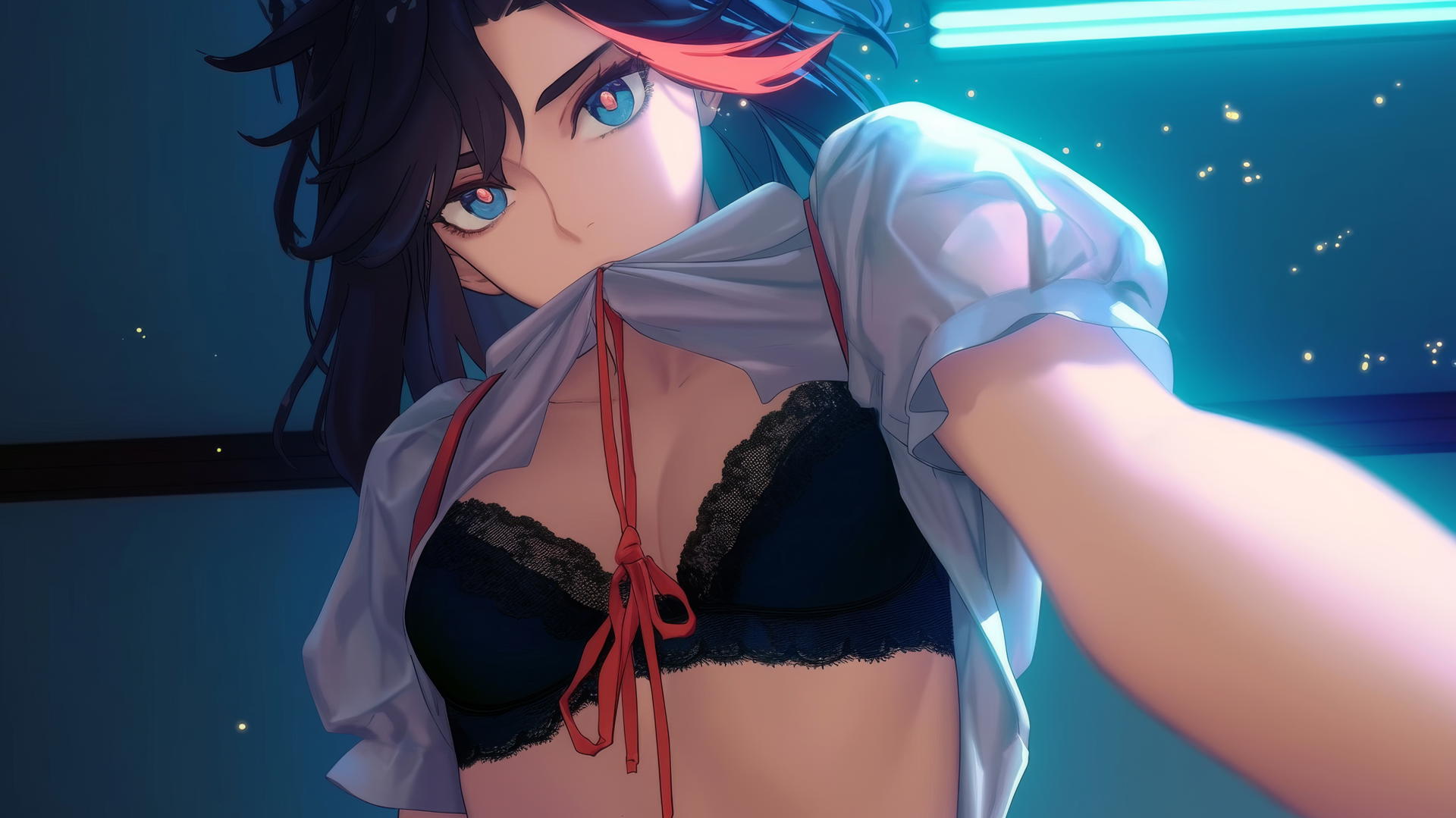Ryuko Matoi with mid-length black hair and a red streak, blue eyes with gear-shaped pupils, leaning down, warm light