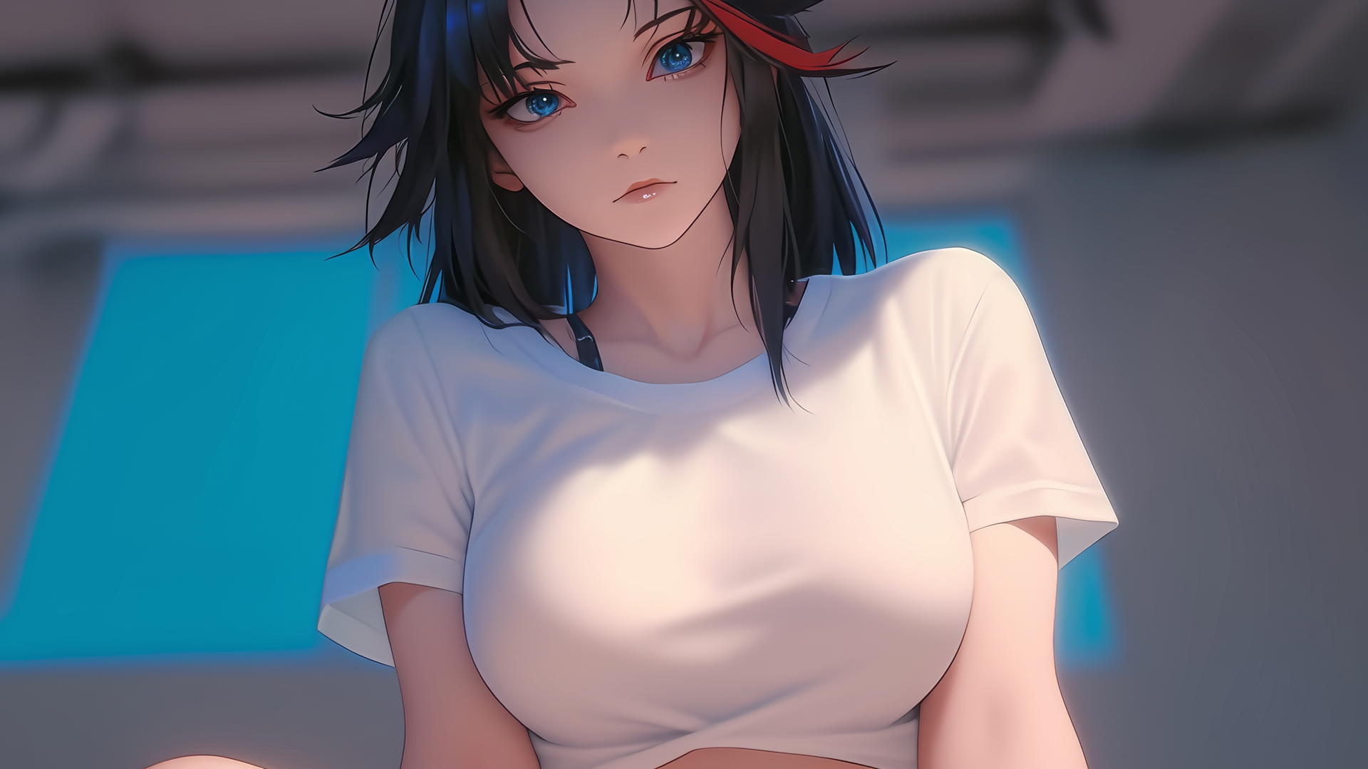 Ryuko Matoi with black hair and a red streak, kneeling and looking down, with warm light