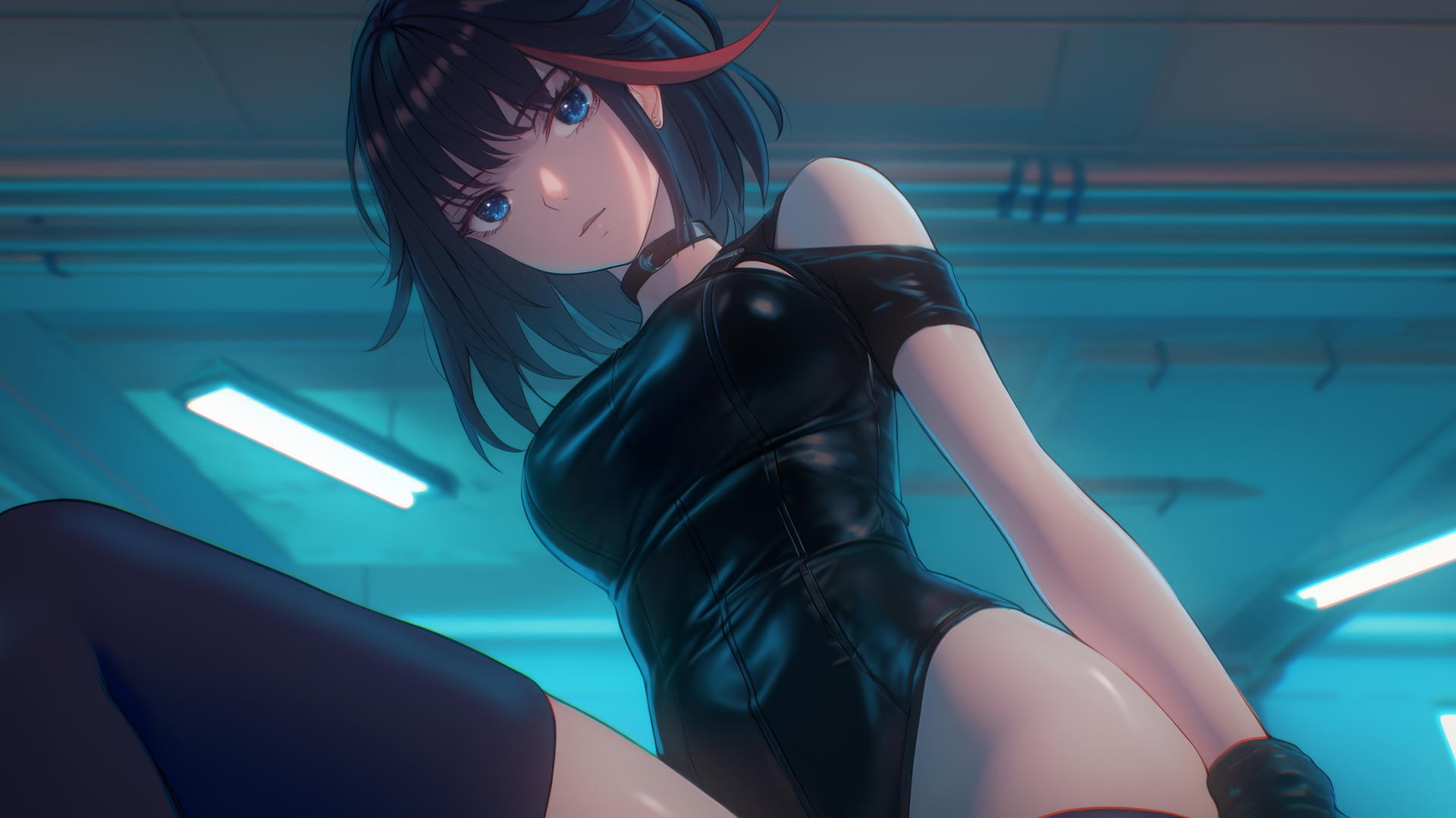 Ryuko Matoi in leather, kneeling with blue eyes and red hair streak, seen from below