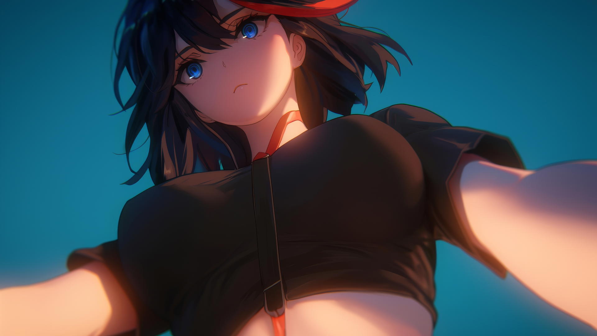 Ryuko Matoi leaning forward with black feathery hair, red streak, and gear-shaped pupils, seen from below.