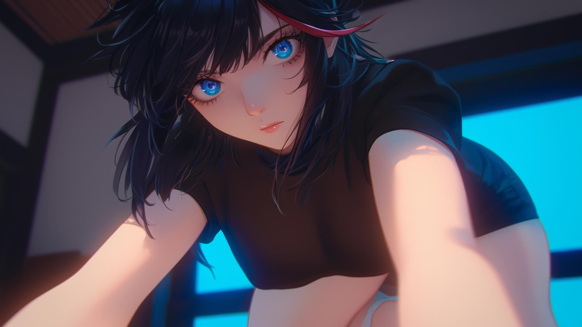 Ryuko Matoi with black, feathery hair and a red streak, kneeling and looking down with gear-shaped pupils.