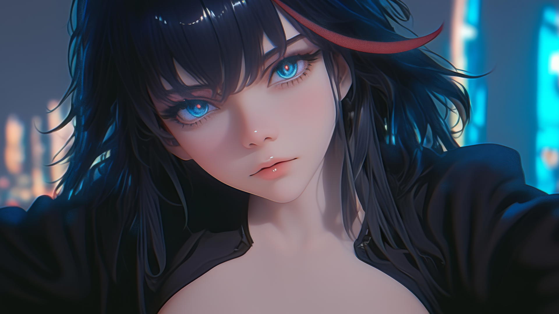 Ryuko Matoi with blue gear-shaped pupils and a red streak in black hair, in neon-lit apartment