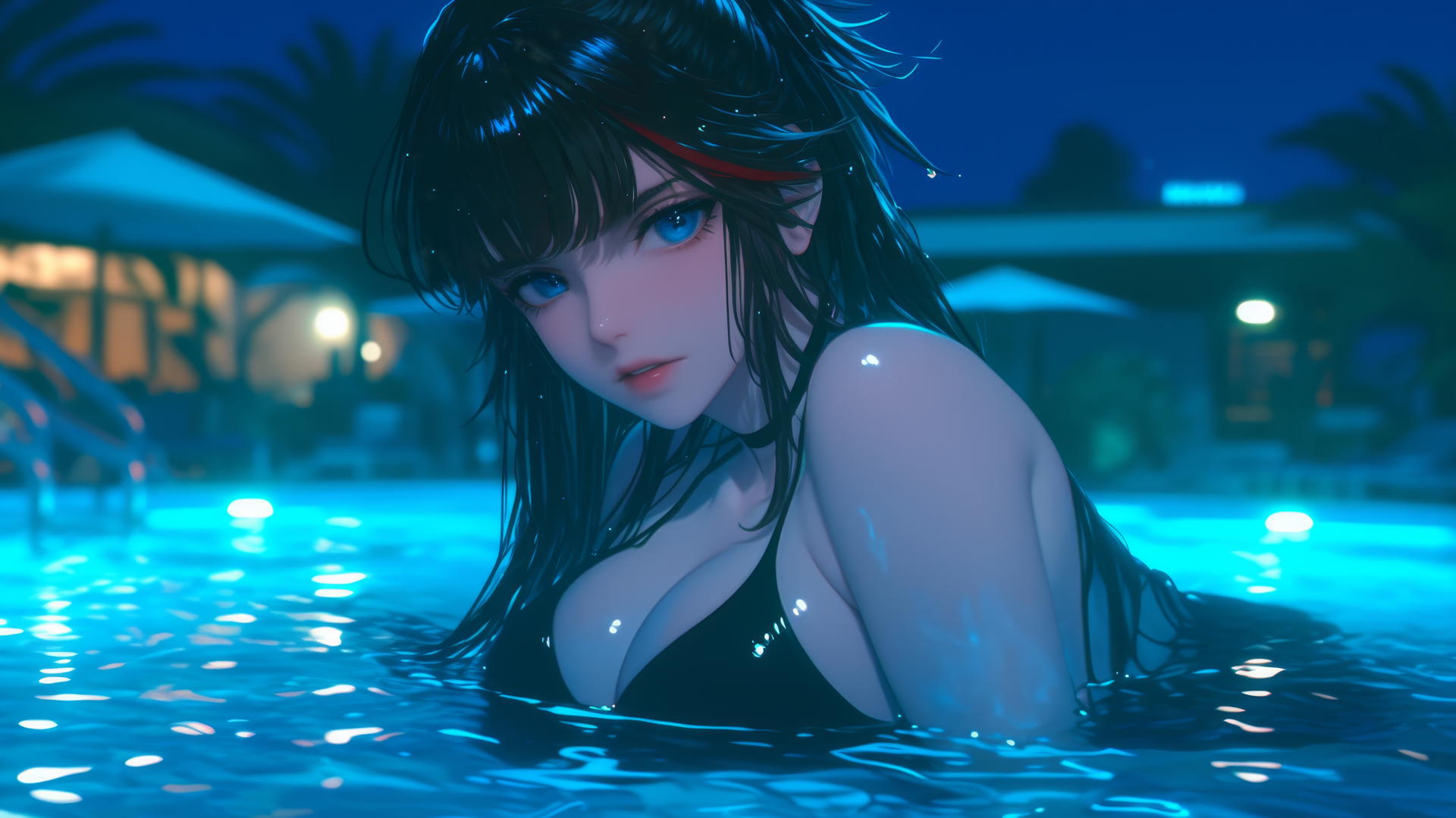 Ryuko Matoi with black feathery hair and a red streak, blue eyes with gear-shaped pupils, resting at a swimming pool under moonlight.