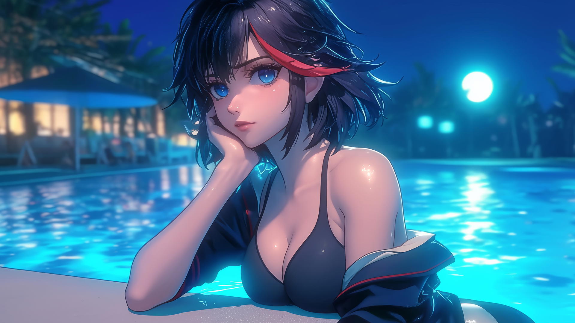Ryuko Matoi with short black hair and a red streak, gear-shaped pupils, resting by a moonlit pool.