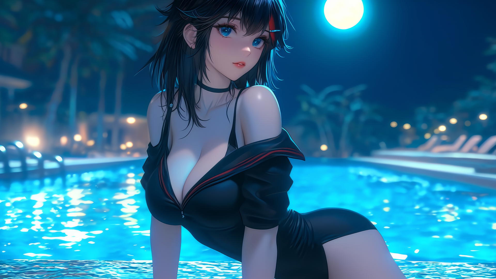 Ryuko Matoi with mid-length black feathery hair and a red streak, blue gear-shaped pupils, resting by a pool under moonlight.