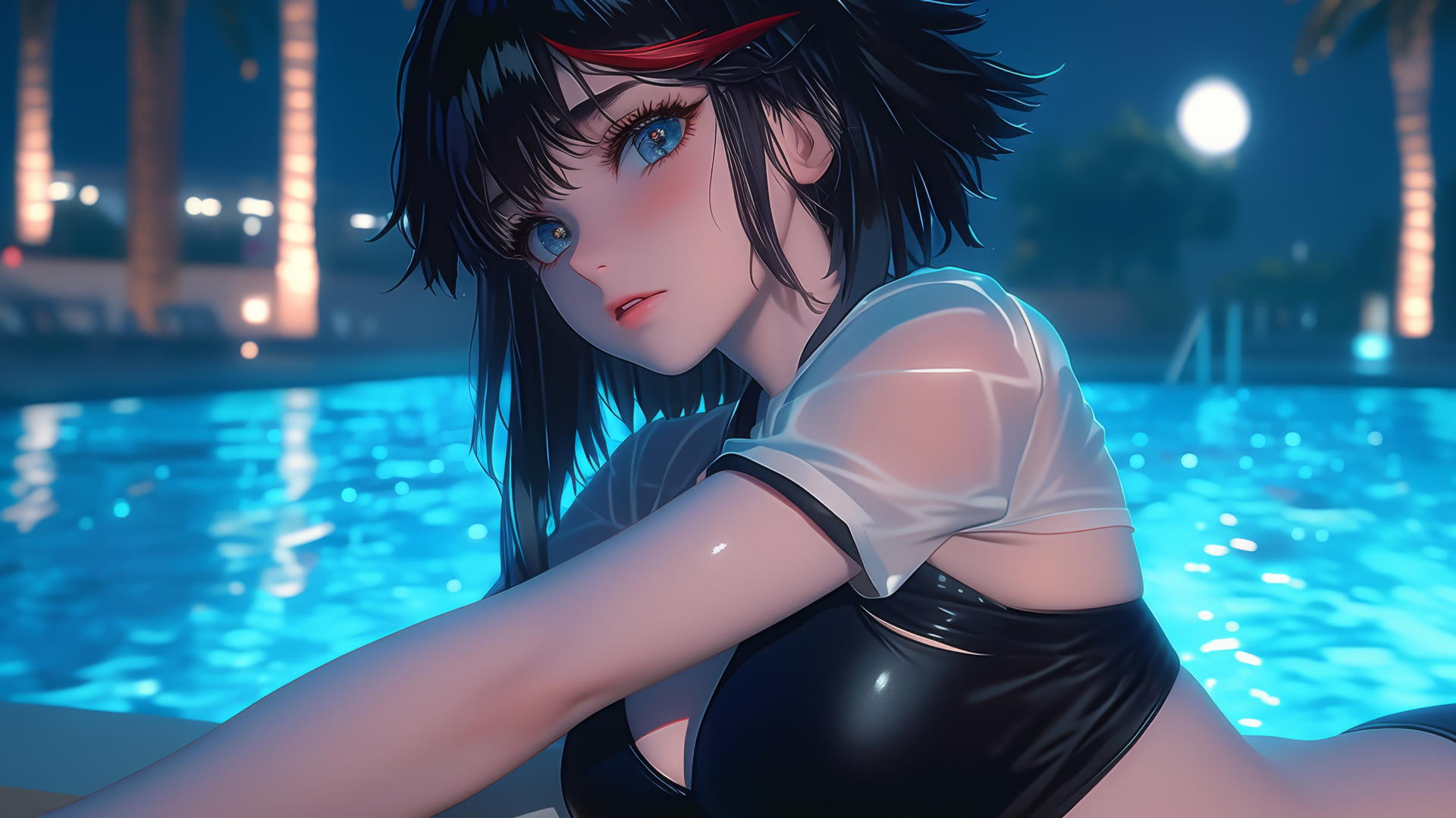Ryuko Matoi with black hair and red streak, blue eyes with gear-shaped pupils, resting by a moonlit pool.