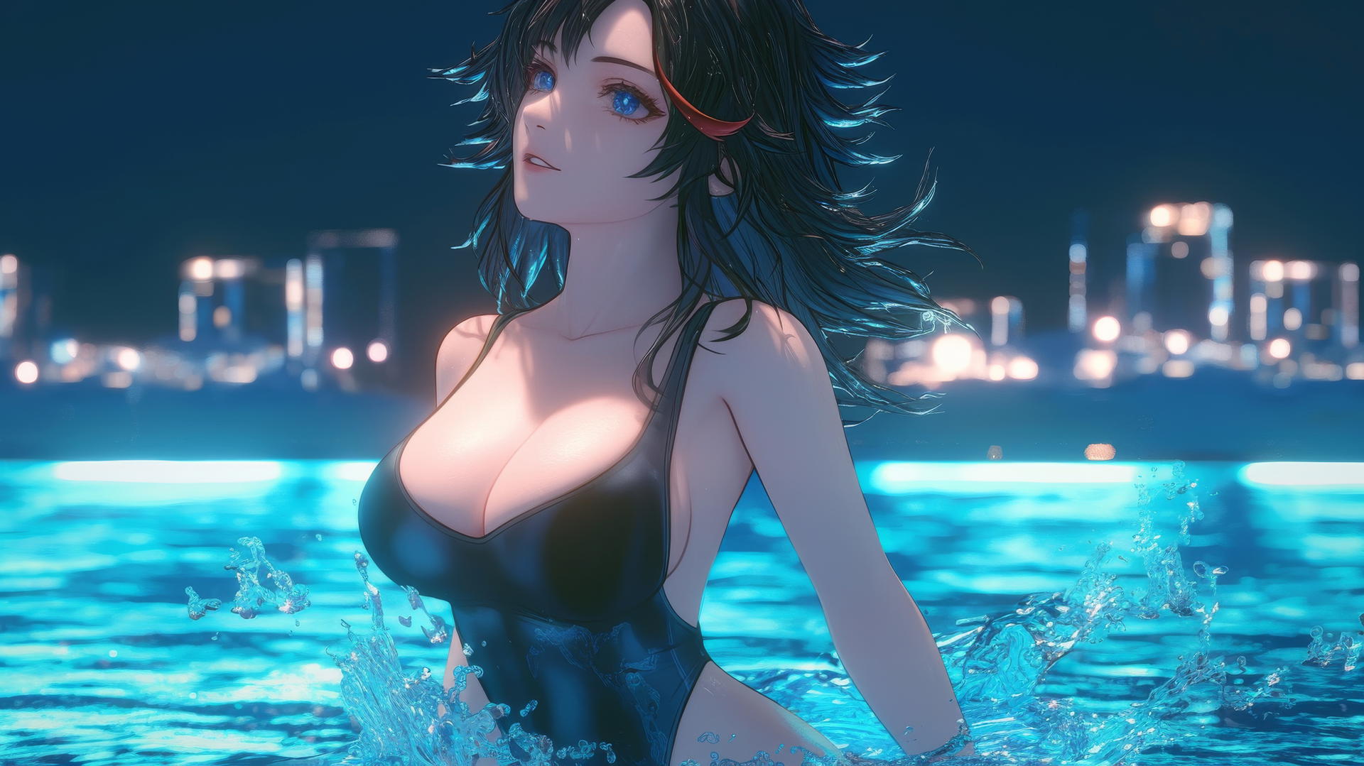 Ryuko Matoi with black feathery hair and a red streak, blue eyes with gear-shaped pupils, jumping out of a swimming pool under moonlight.