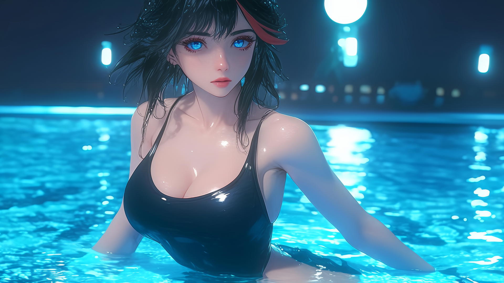 Ryuko Matoi with black feathery hair and a red streak, gear-shaped pupils, jumping out of a swimming pool under moonlight.