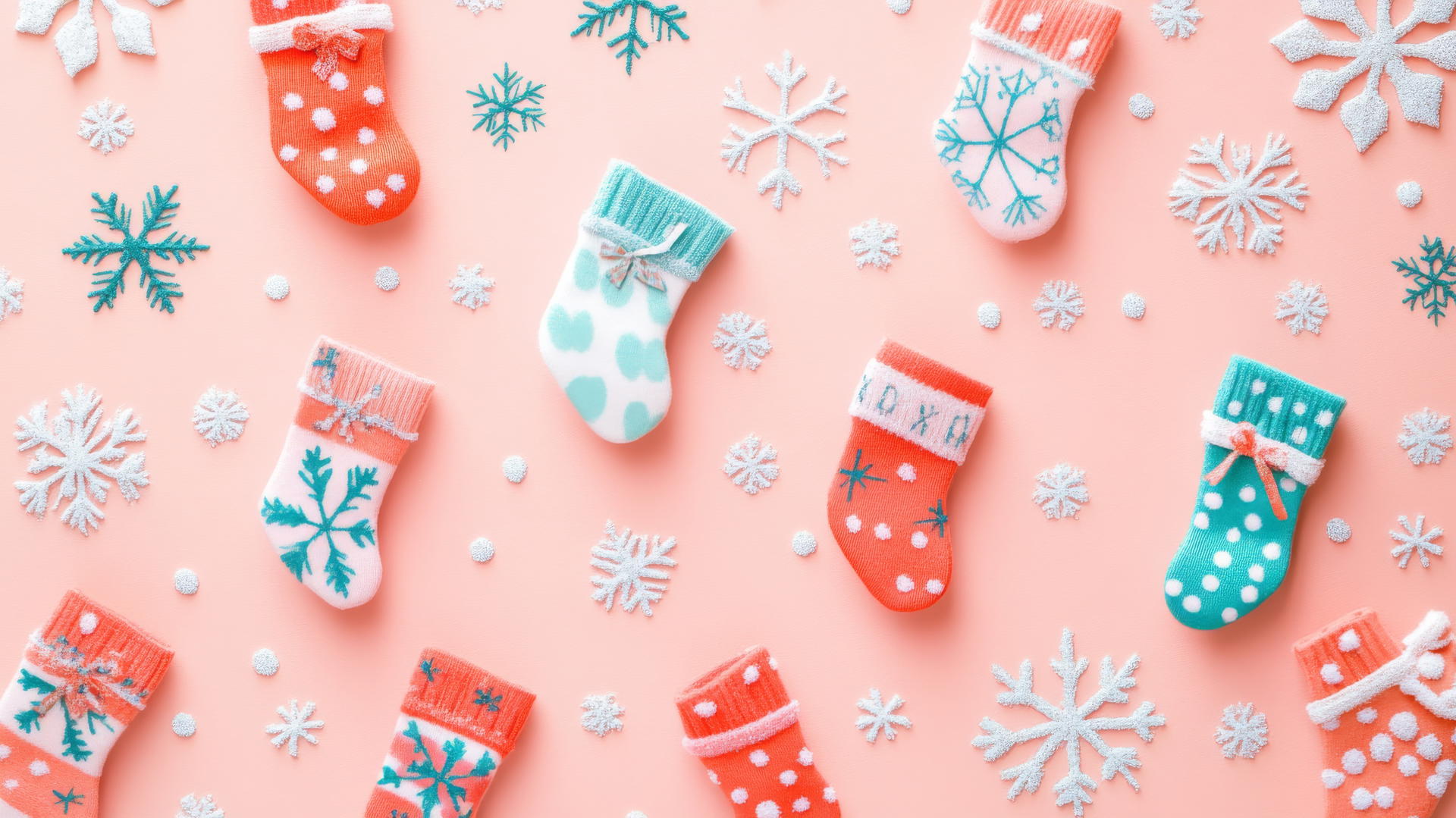 Preppy Christmas scene with pastel stockings and snowflakes on pink background.