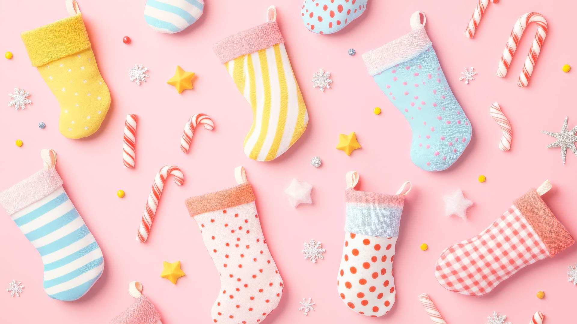 Preppy wallpaper Christmas with colorful stockings, candy canes, and stars on pastel pink