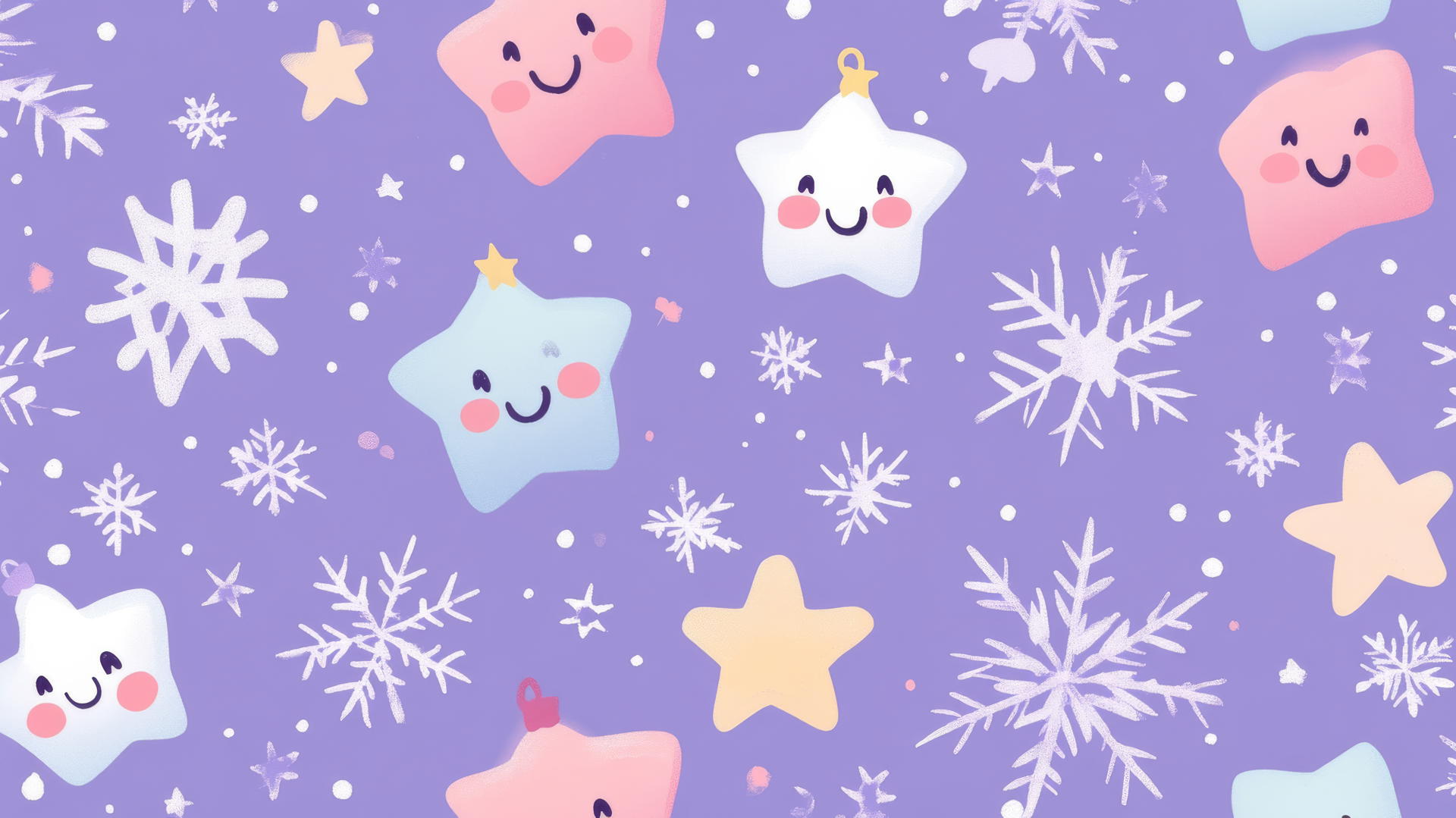 aesthetic preppy Christmas wallpaper with smiling snowflakes and stars on pastel purple