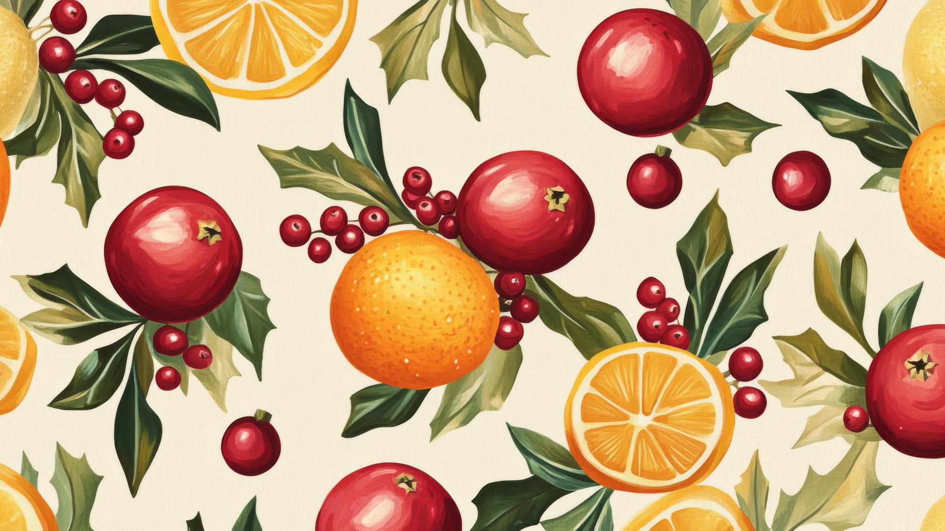 aesthetic preppy Christmas wallpaper with vibrant fruits on a beige background