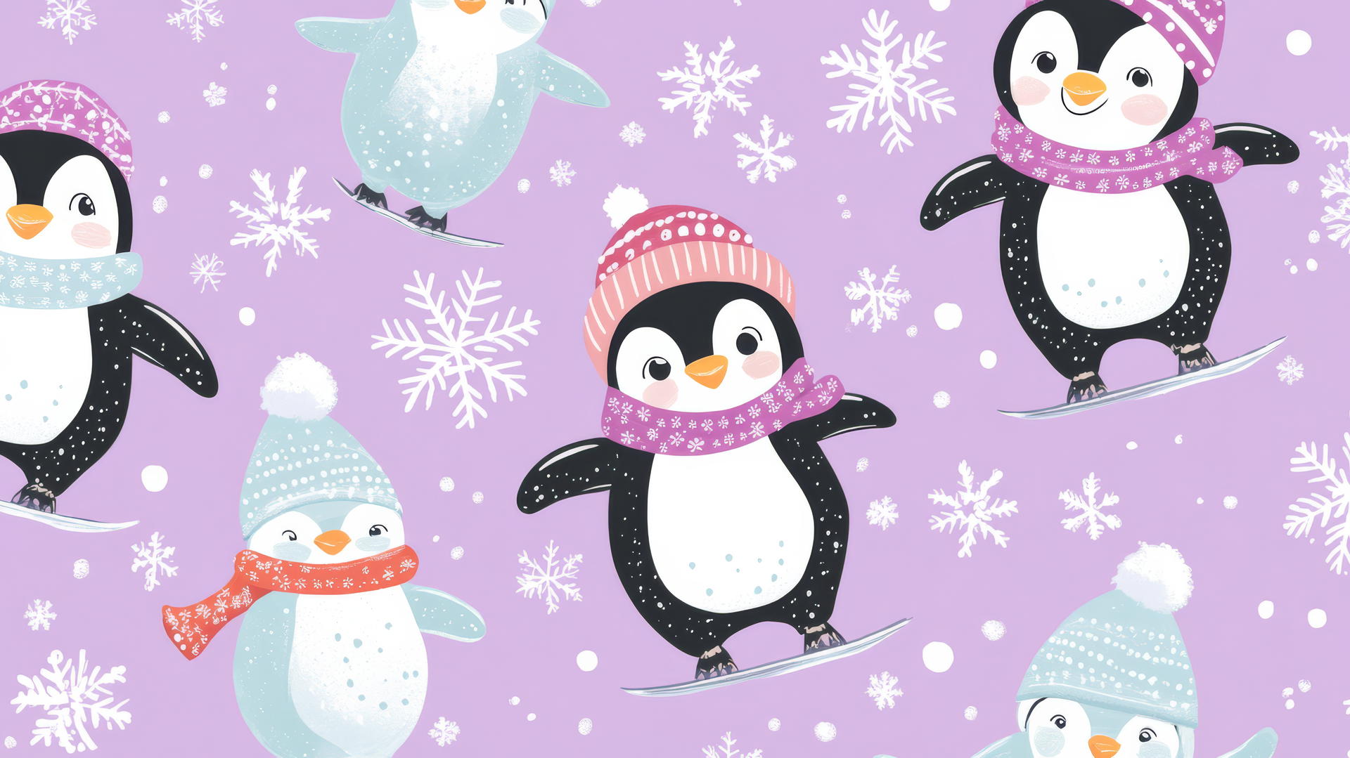 cute preppy Christmas wallpaper with playful penguins skating and playing among snowflakes on a pastel purple background