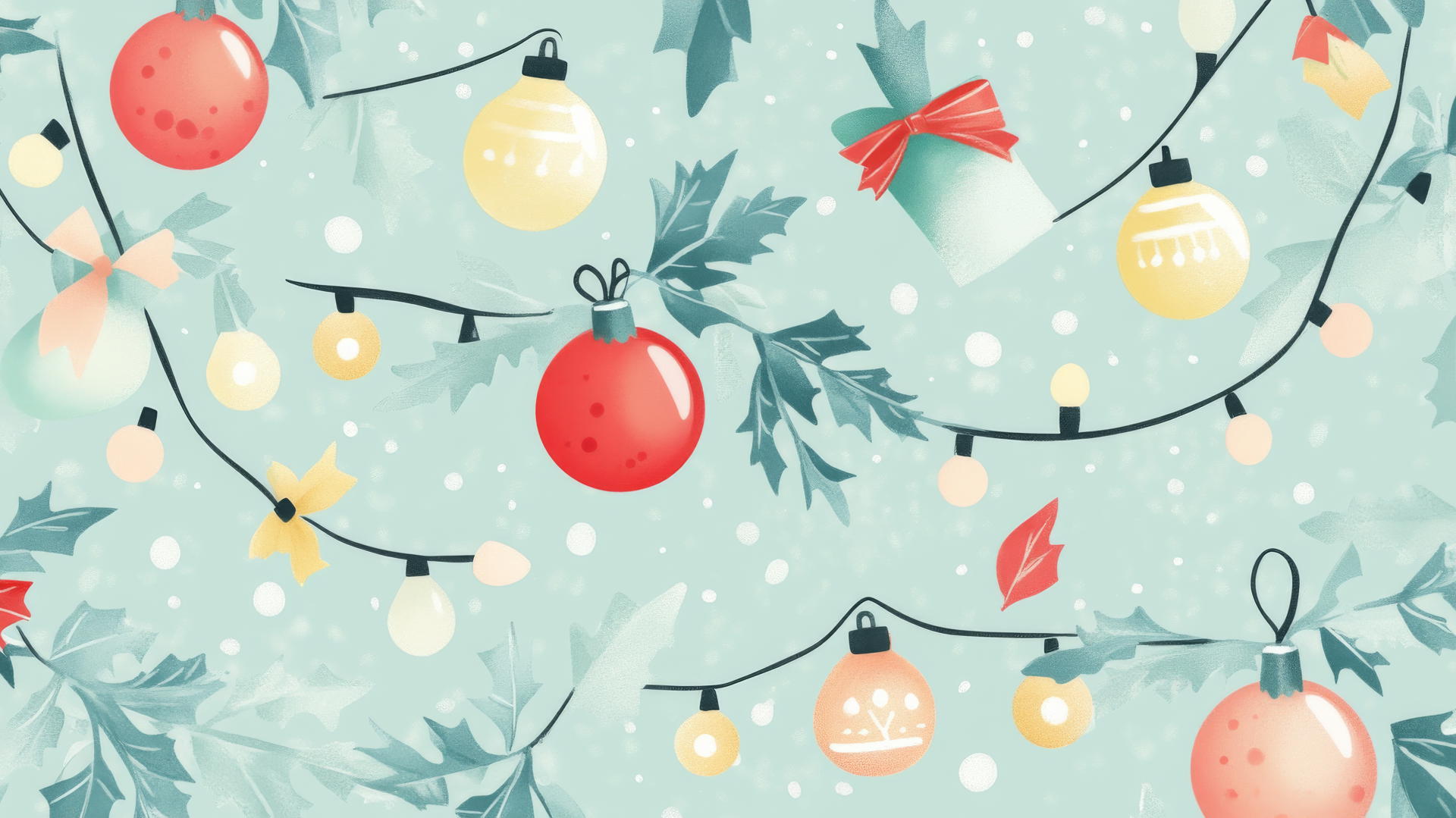 cute preppy Christmas wallpaper with Christmas lights, baubles, and bows on pale mint background