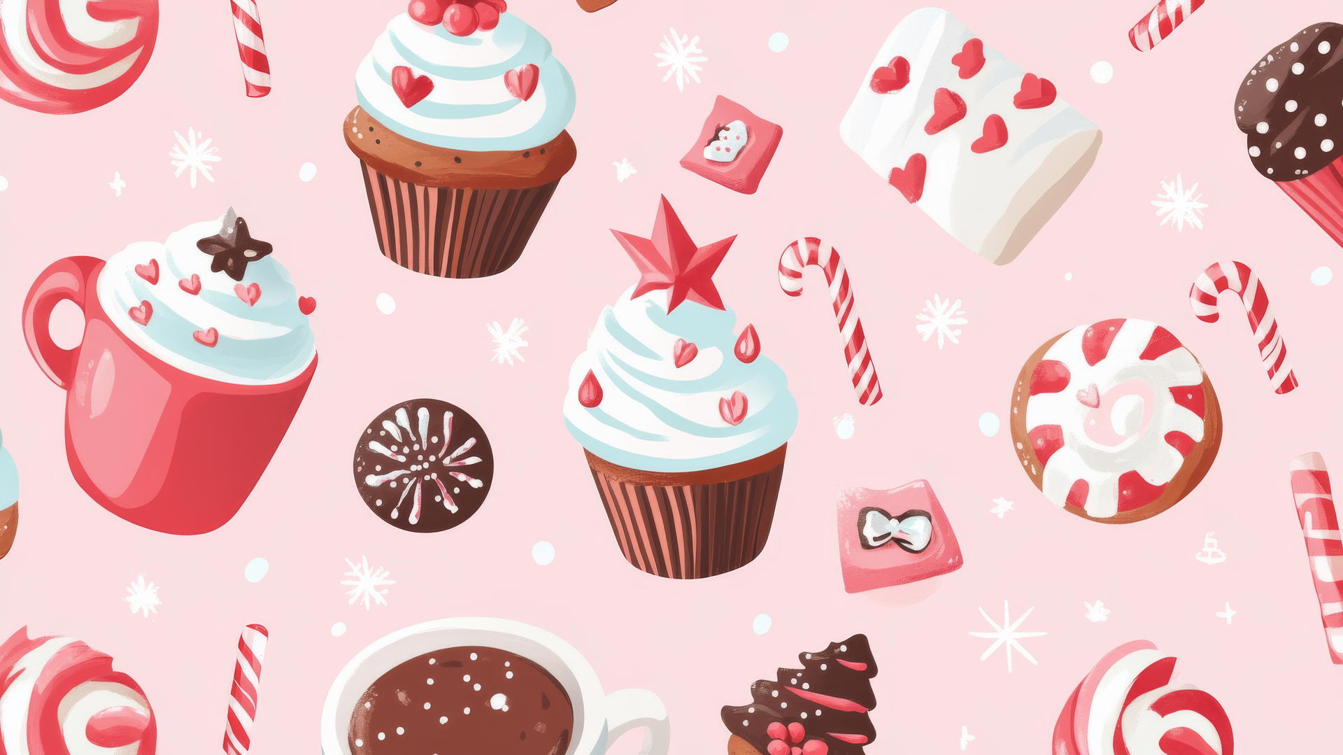 cute preppy Christmas wallpaper with adorable cupcakes, cookies, and hot cocoa mugs on pastel pink